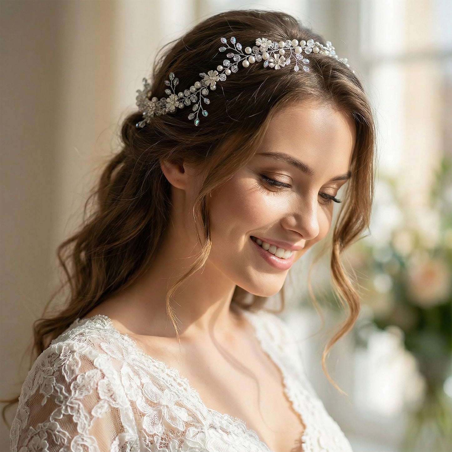 Bridella BHP347-S Silver Rhinestone & Pearl Headband