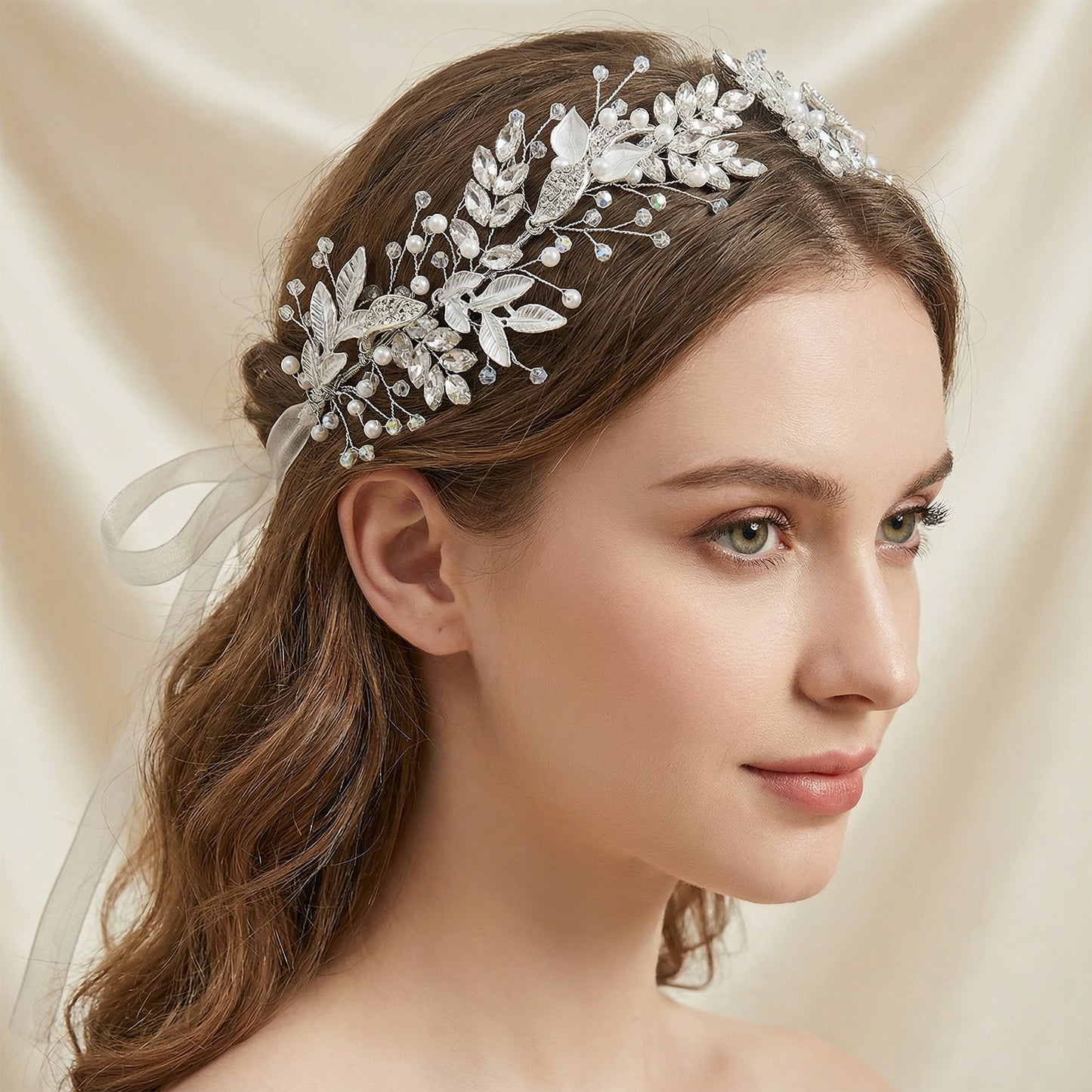 Bridella BHP272-S Silver Rhinestone & Pearl Headband