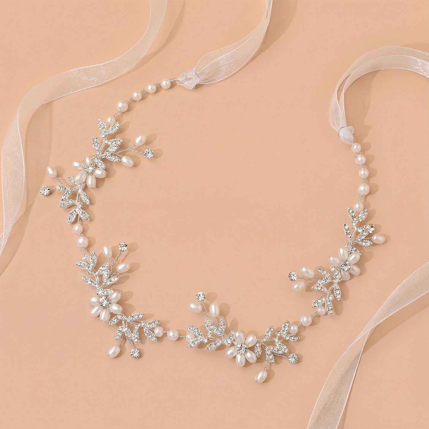 Bridella BHP152-S Silver Rhinestone & Pearl Headband