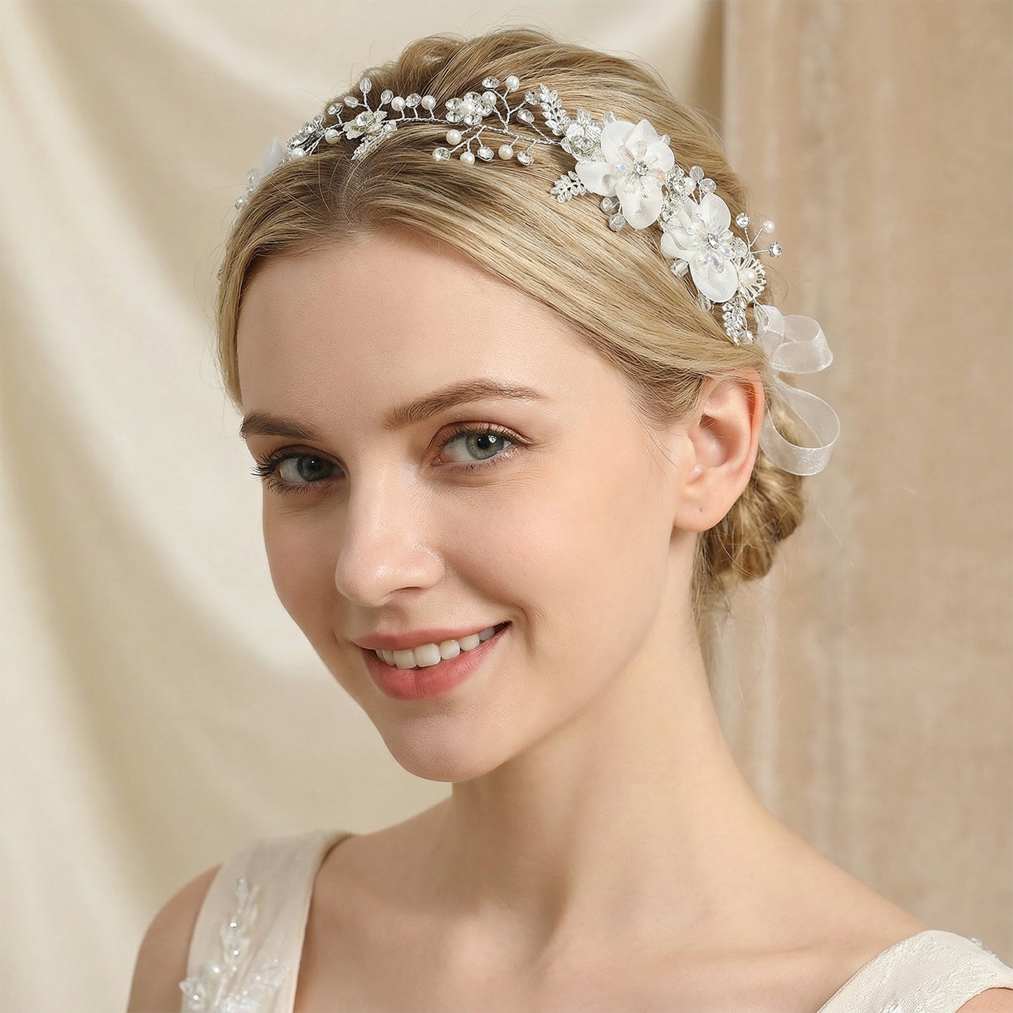 Bridella BHP275-S Silver Rhinestone & Pearl Headband