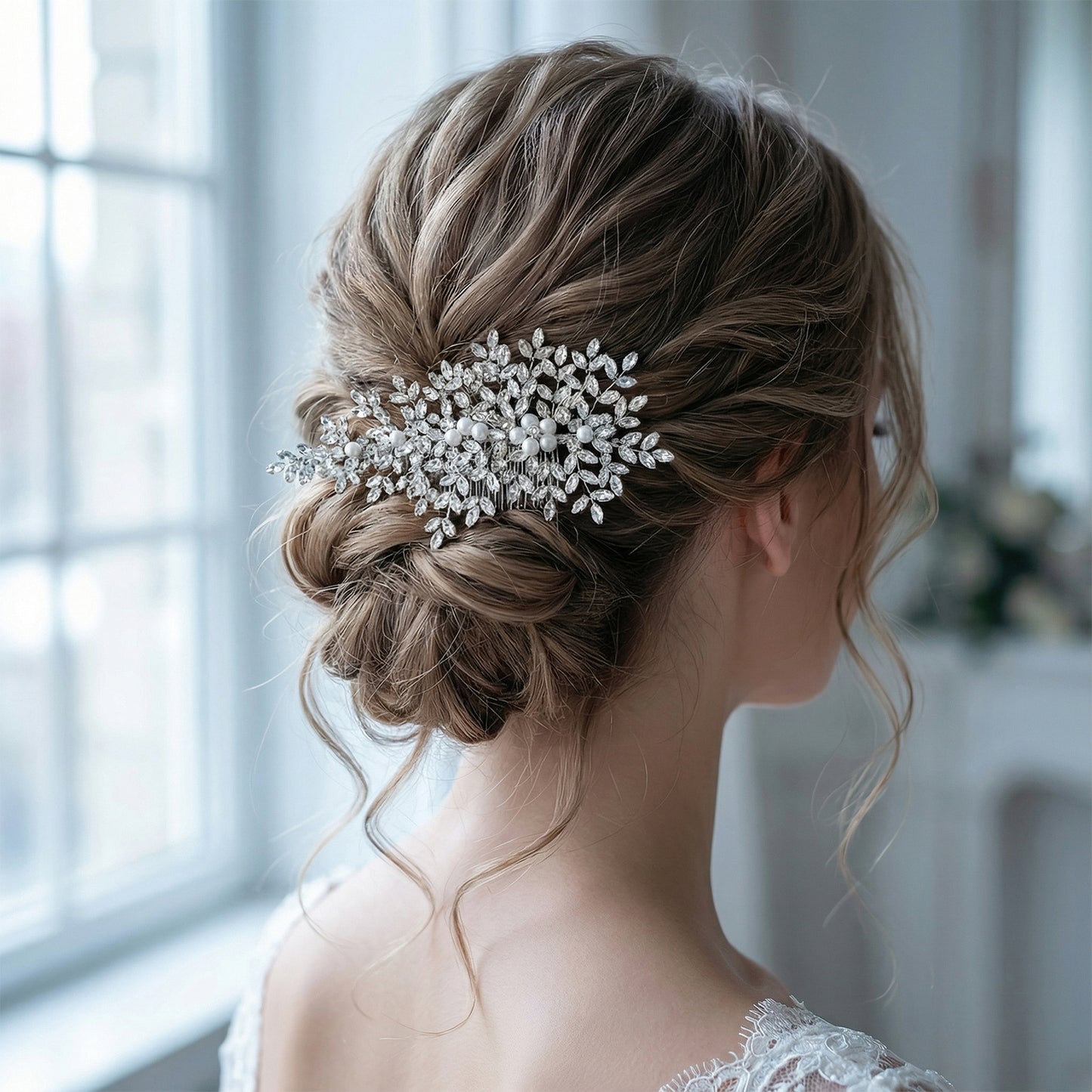 Bridella BHP434-S Silver Rhinestone & Pearl Hair Comb