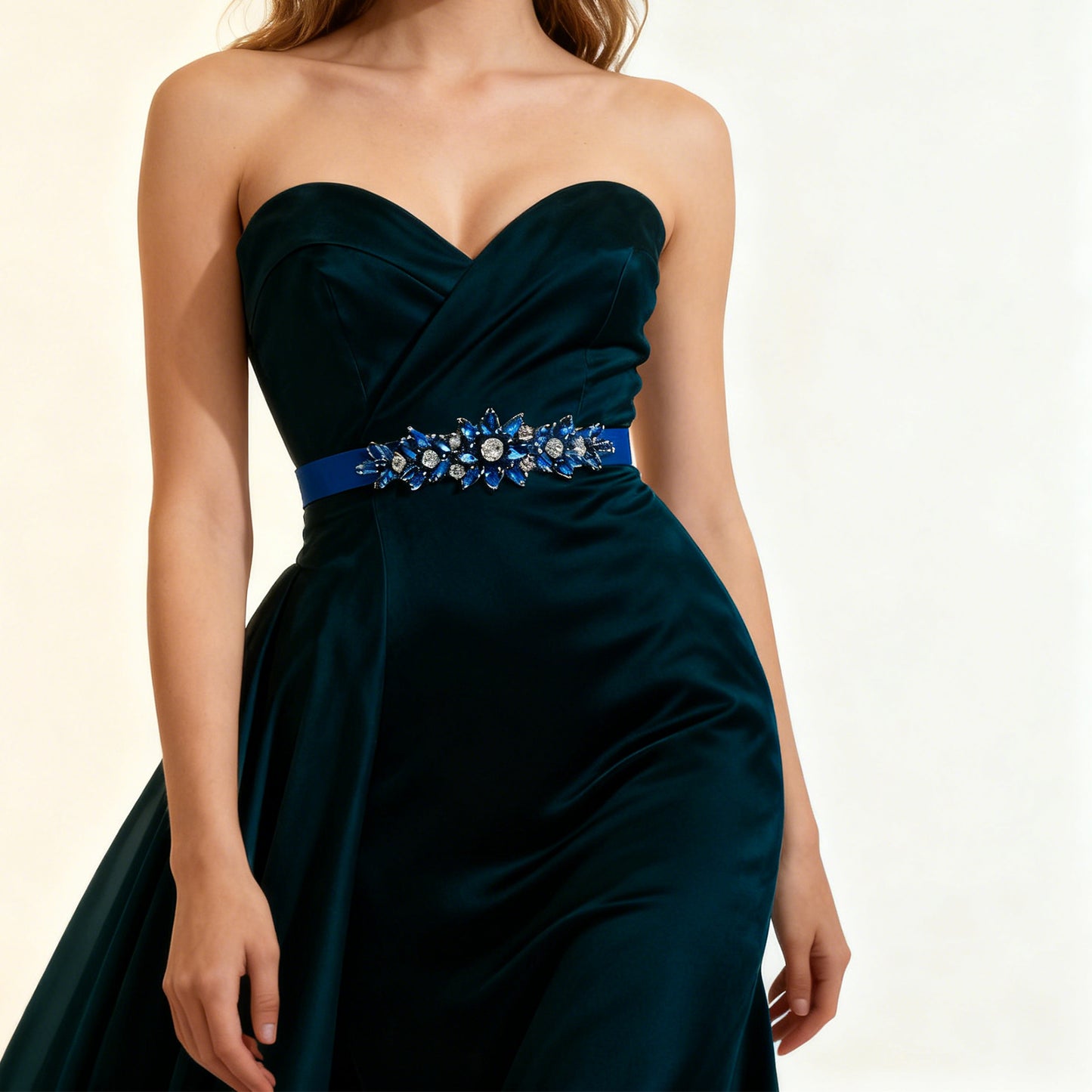 Navy Blue Rhinestone Bridal Sash Ribbon Wedding Dress Belt – Bridella BS243ML