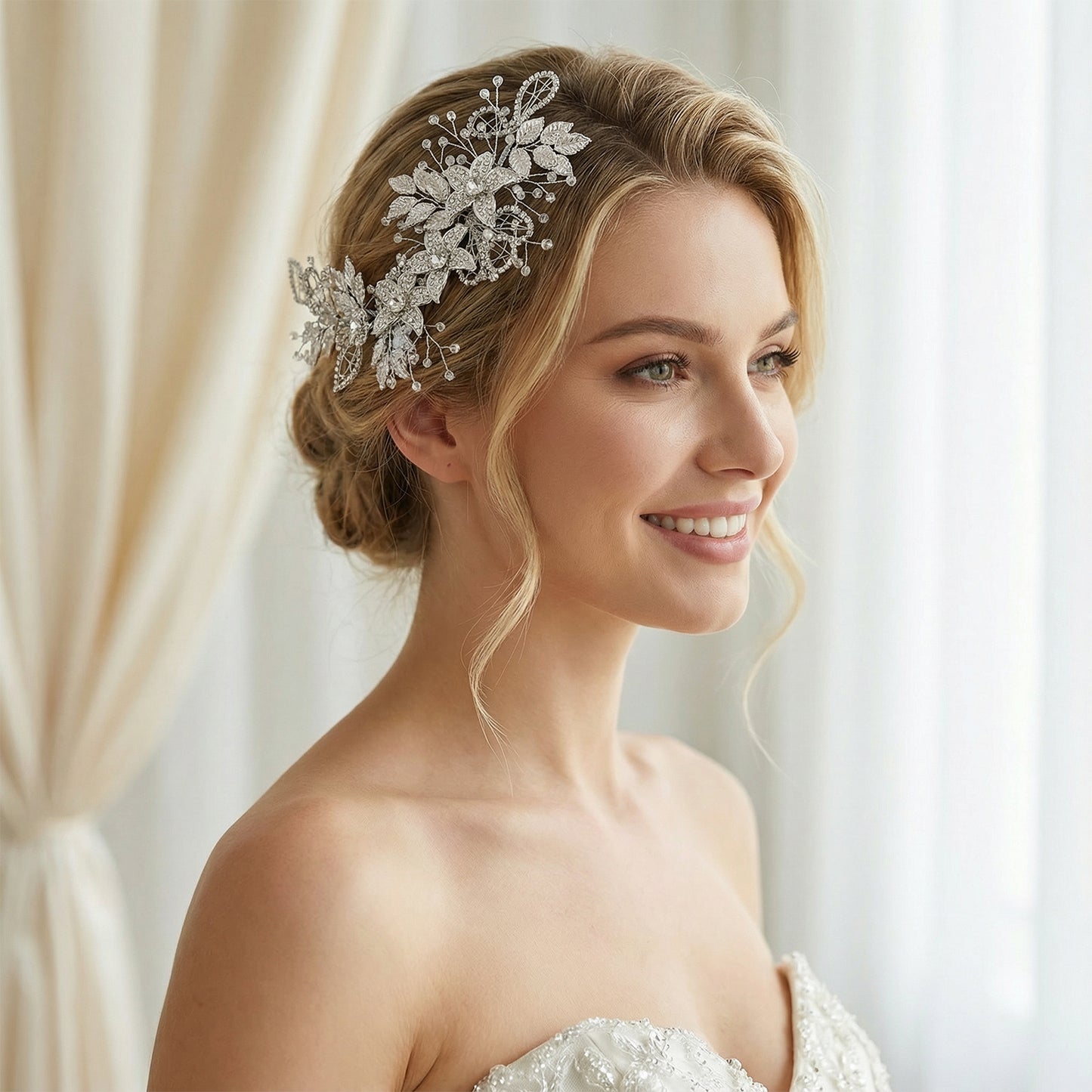 Bridella BHP282-S Silver Rhinestone & Pearl Headband