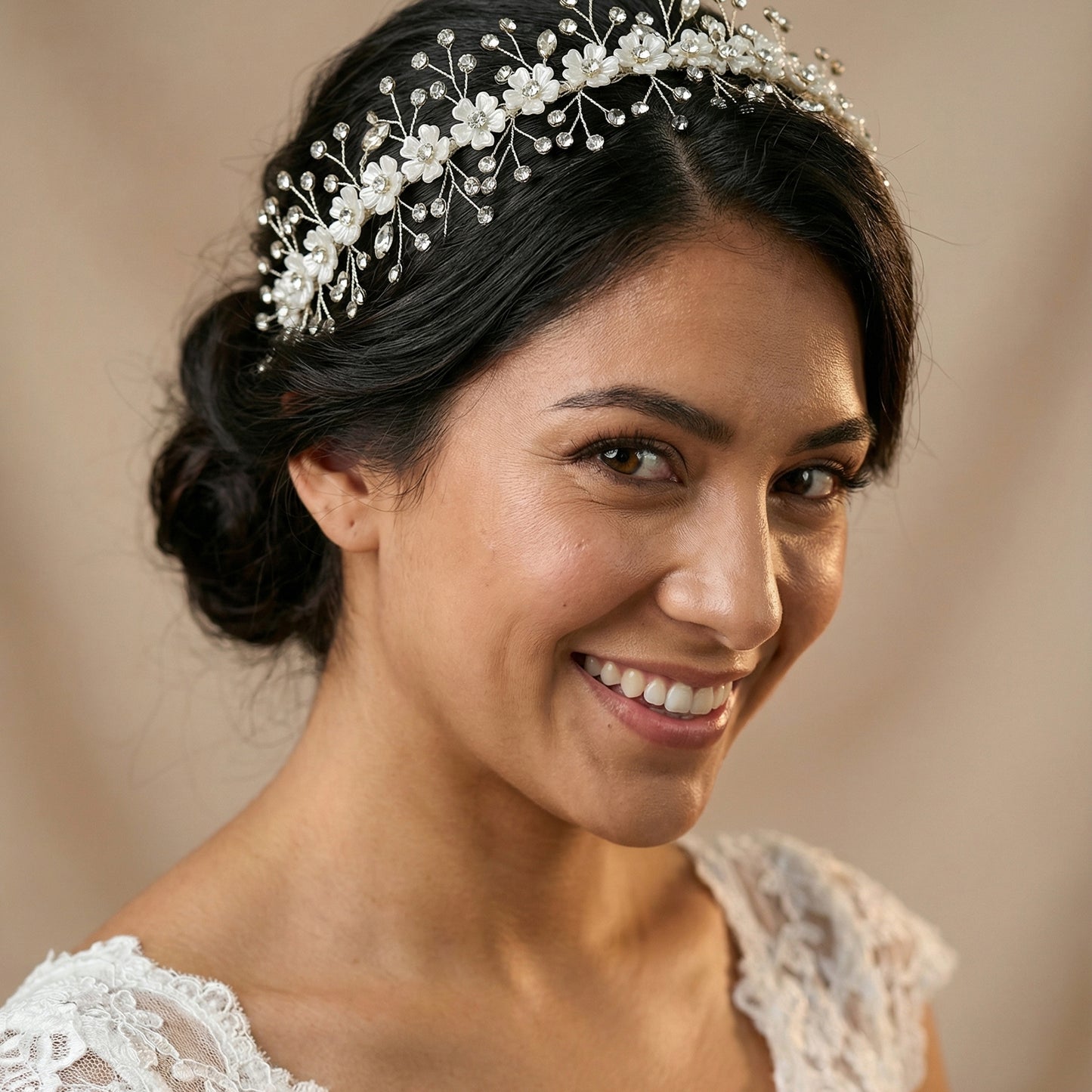 Bridella BHP543-S Silver Rhinestone & Flower Headband