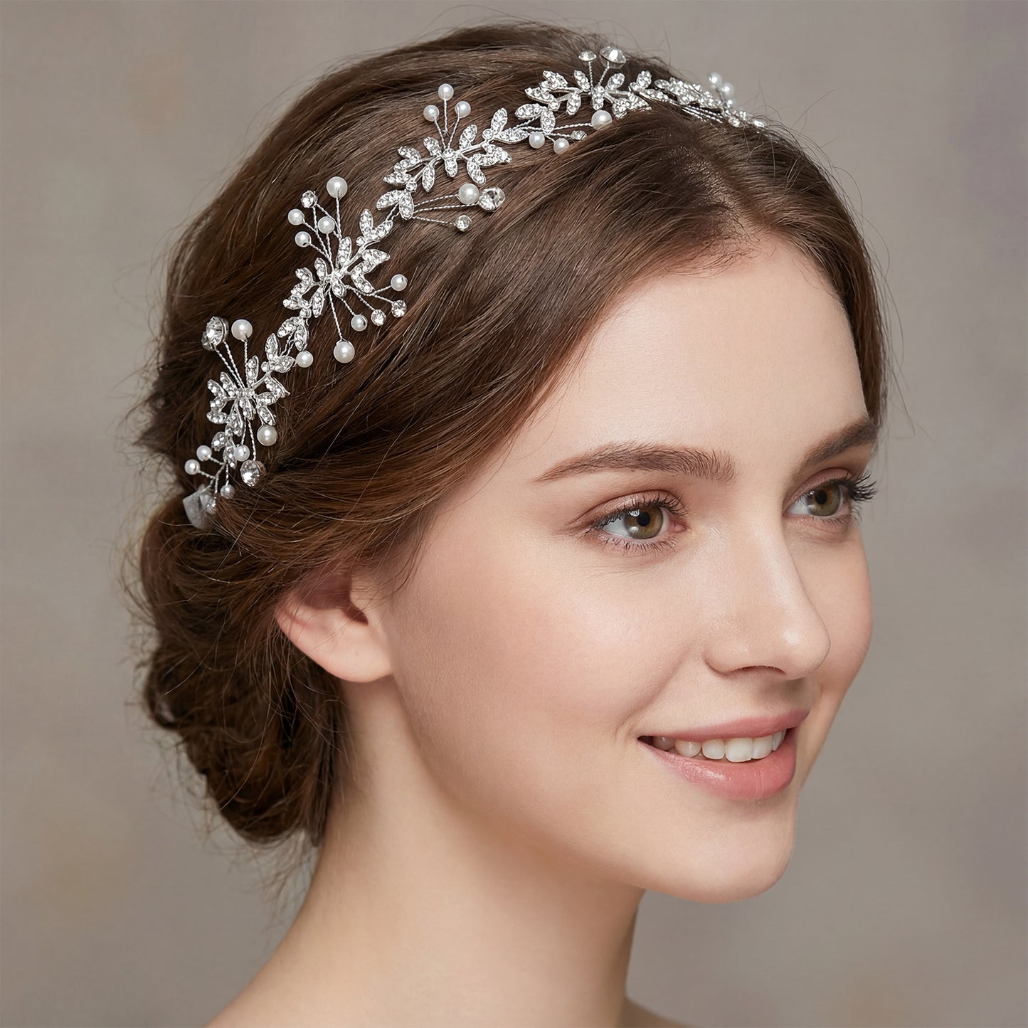 Bridella BHP233-S Silver Rhinestone & Pearl Headband