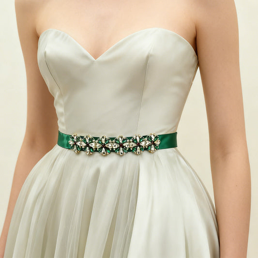 Bridella BS205-Green Ribbon Rhinestone & Pearl Belt
