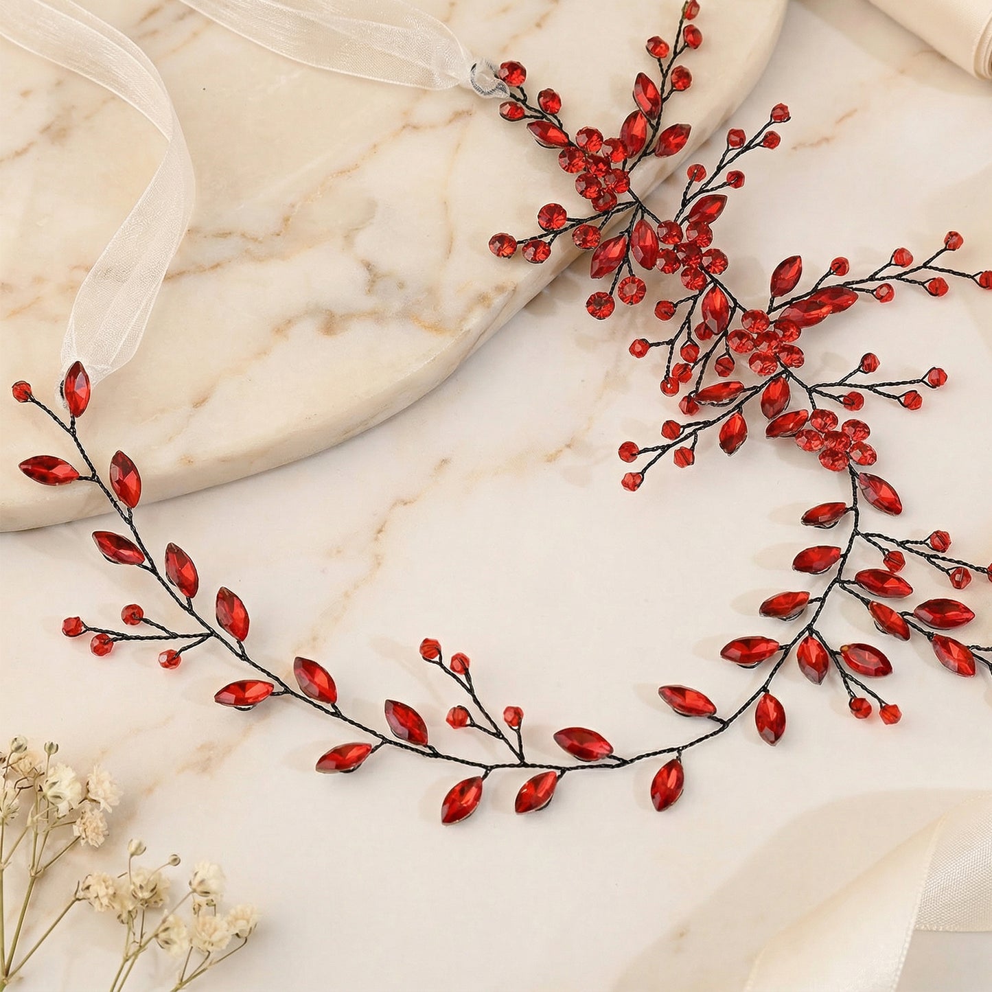 Red Rhinestone & Crystal Bridal Headband for Wedding - Bridella BHP65-R