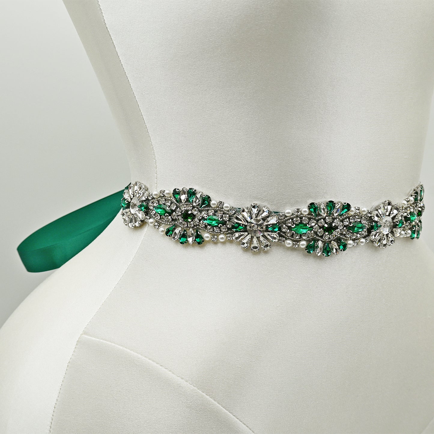 Green Rhinestone Bridal Belt with Ribbon Tie Waist Sash Bridella BS237KL