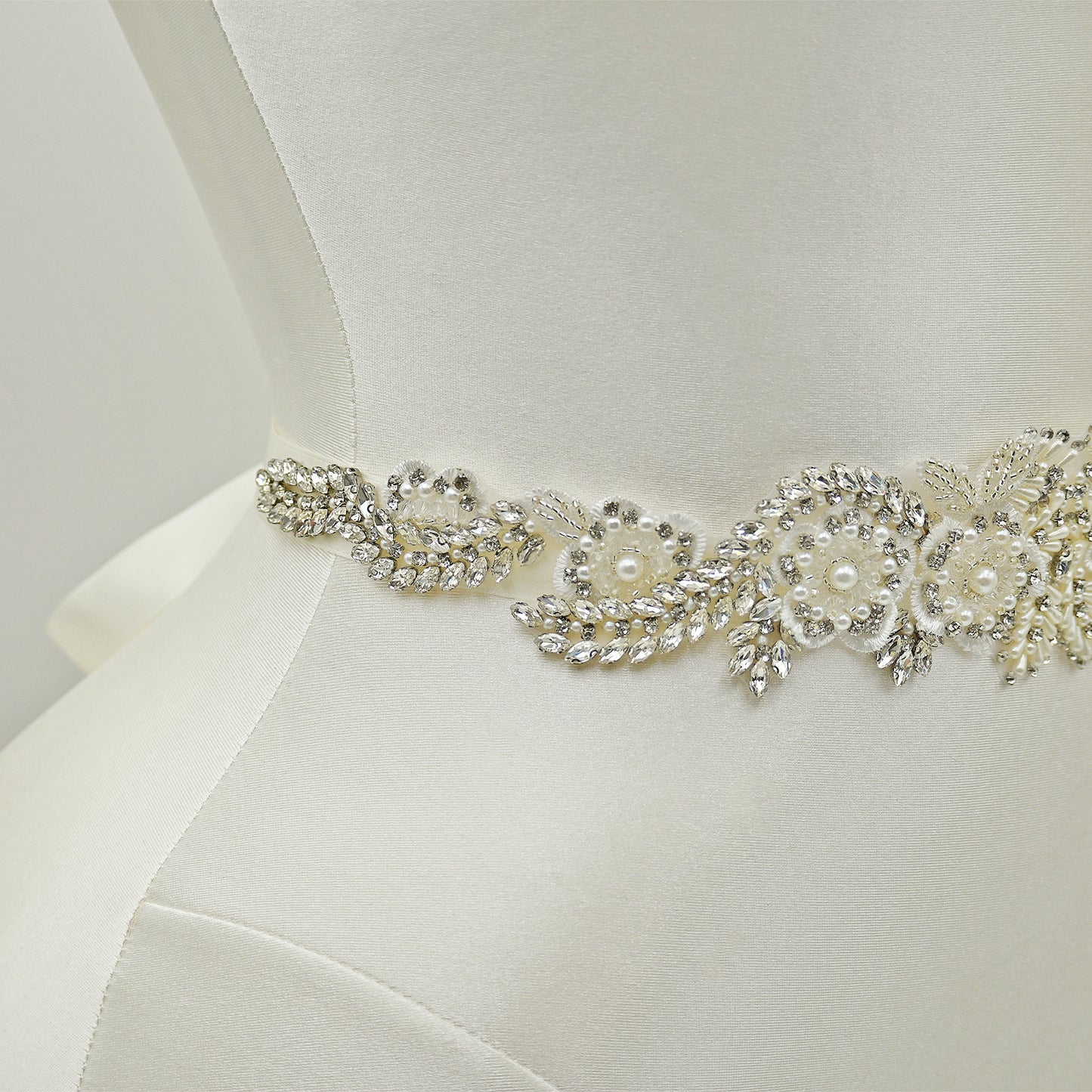 Off White Rhinestone Pearl Bridal Belt Wedding Sash - Bridella BS83