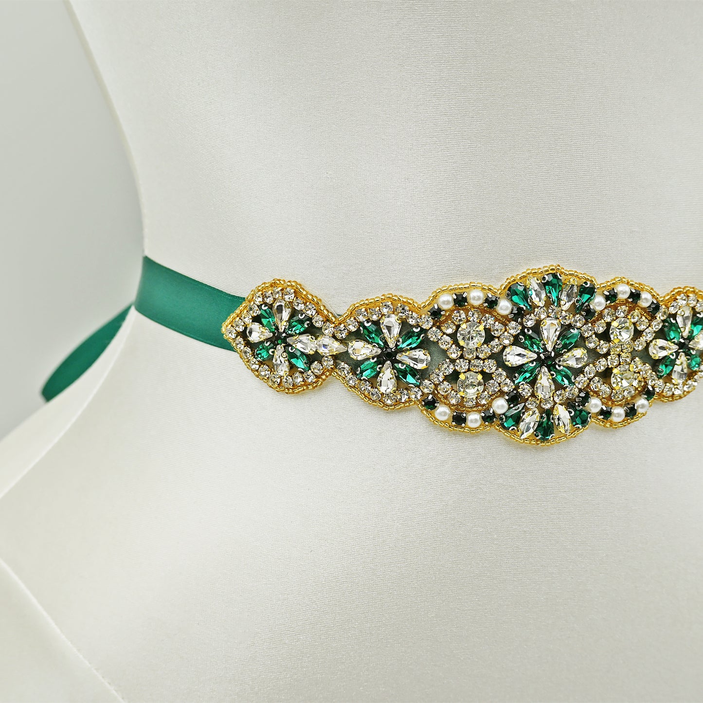 Green Rhinestone Pearl Bridal Belt Wedding Sash - Bridella BS94KL