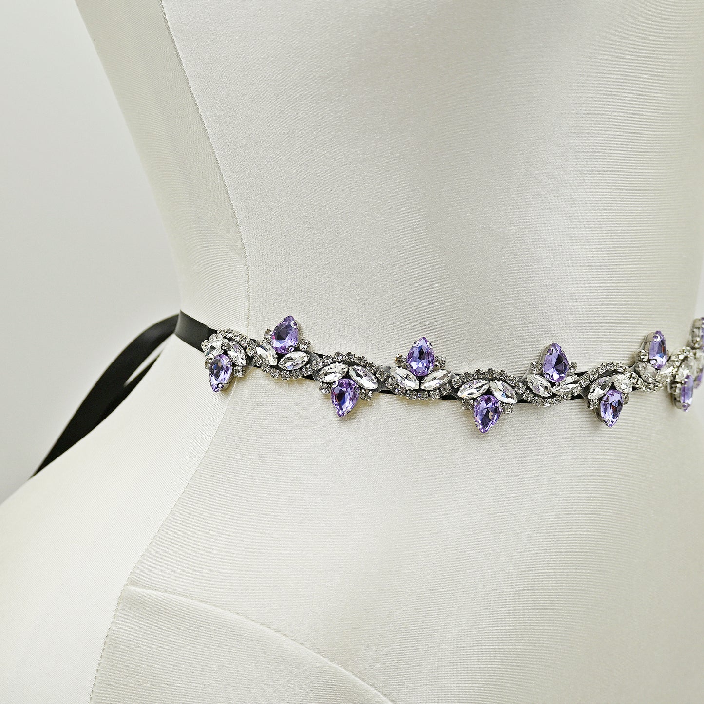 Lavender Rhinestone Bridal Belt with Black Ribbon Waist Sash Bridella BS211-LA