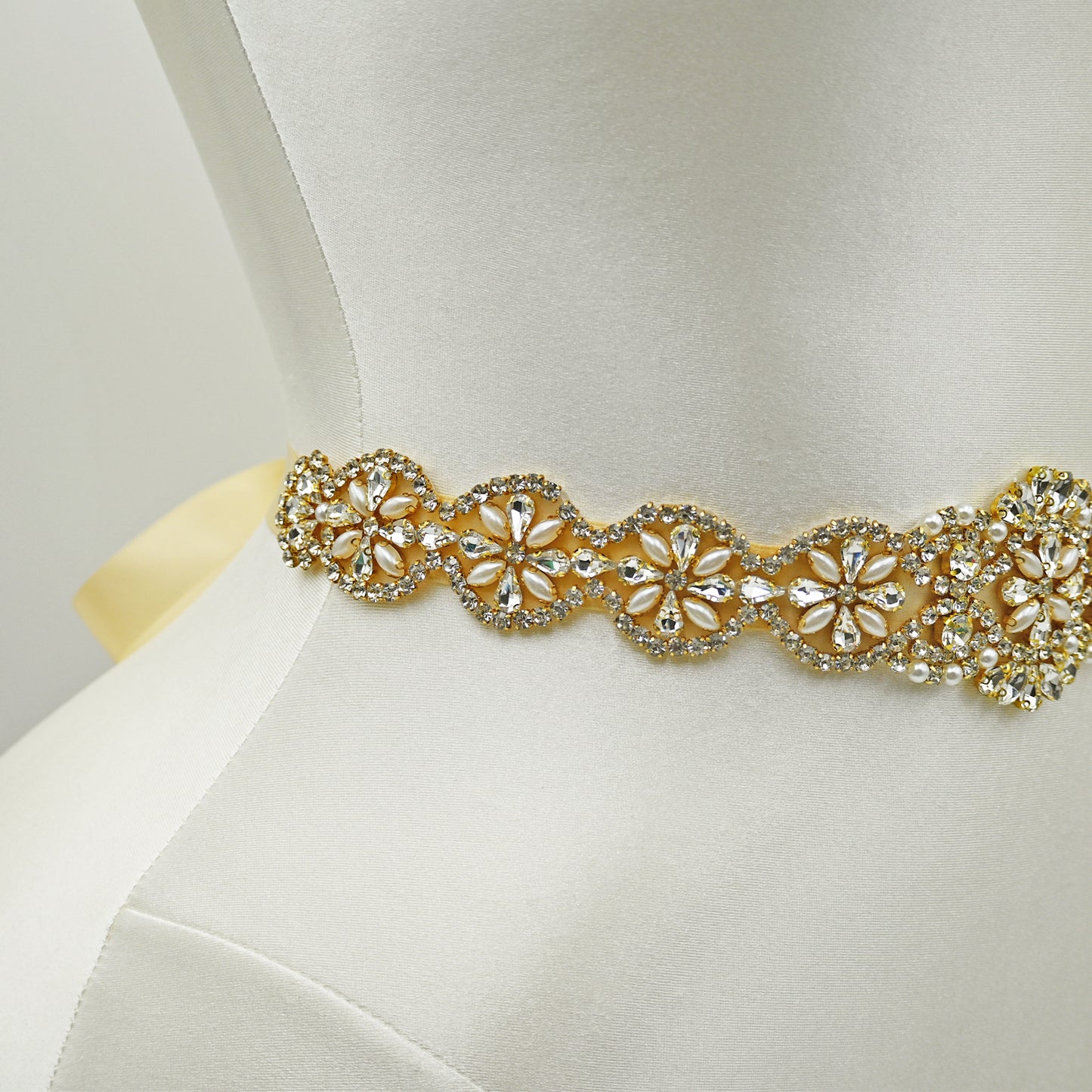Champagne Rhinestone & Pearl Bridal Dress Belt for Wedding - Bridella BS161-G