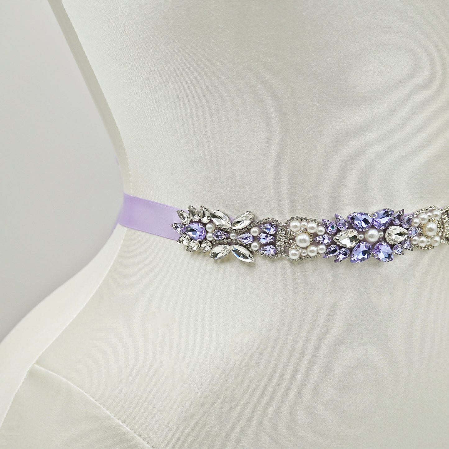 Lavender Rhinestone Pearl Bridal Sash Ribbon Wedding Dress Belt – Bridella BS258