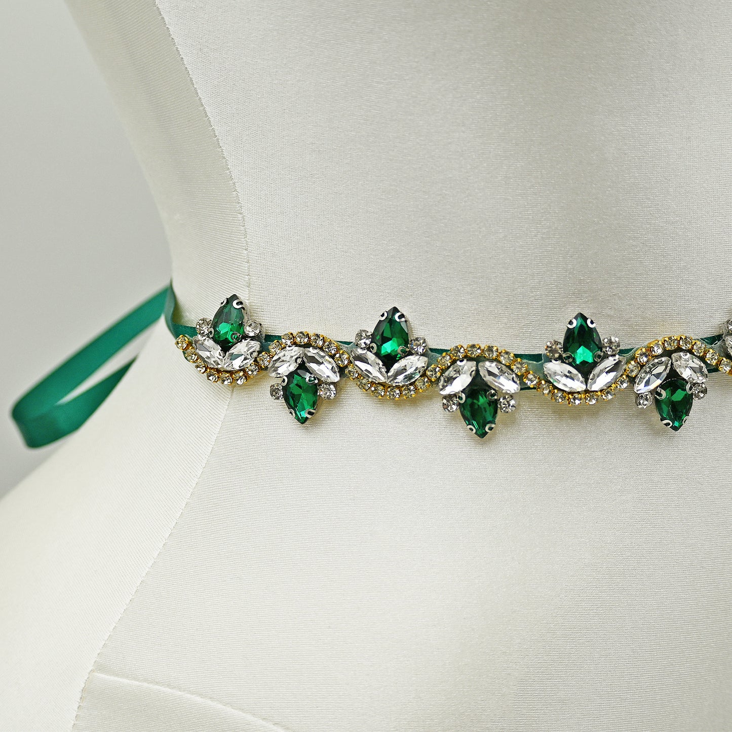 Emerald Green Rhinestone Bridal Belt with Ribbon Waist Sash Bridella BS211KL