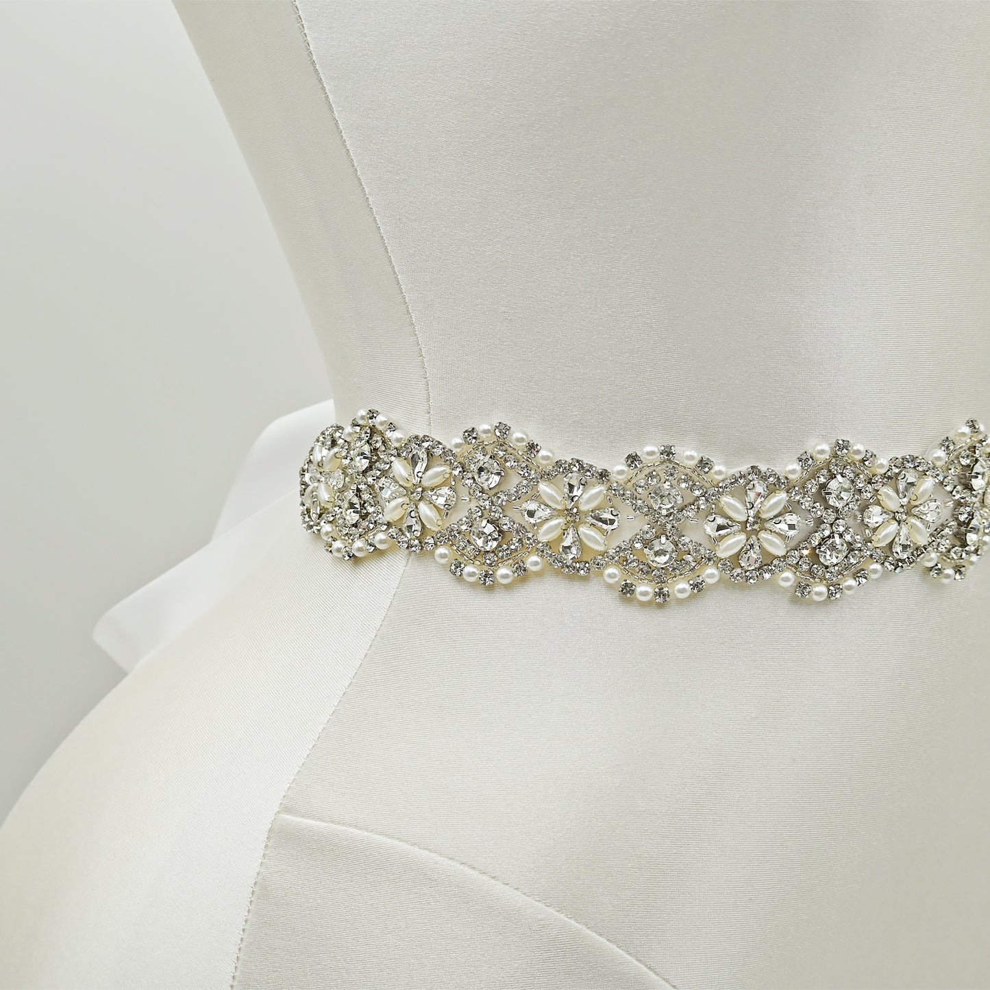 White Rhinestone & Pearl Bridal Belt Sash for Wedding - Bridella BS153