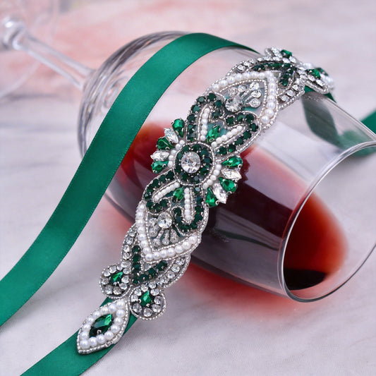 Emerald Rhinestone Pearl Bridal Belt Bridella BS208KL