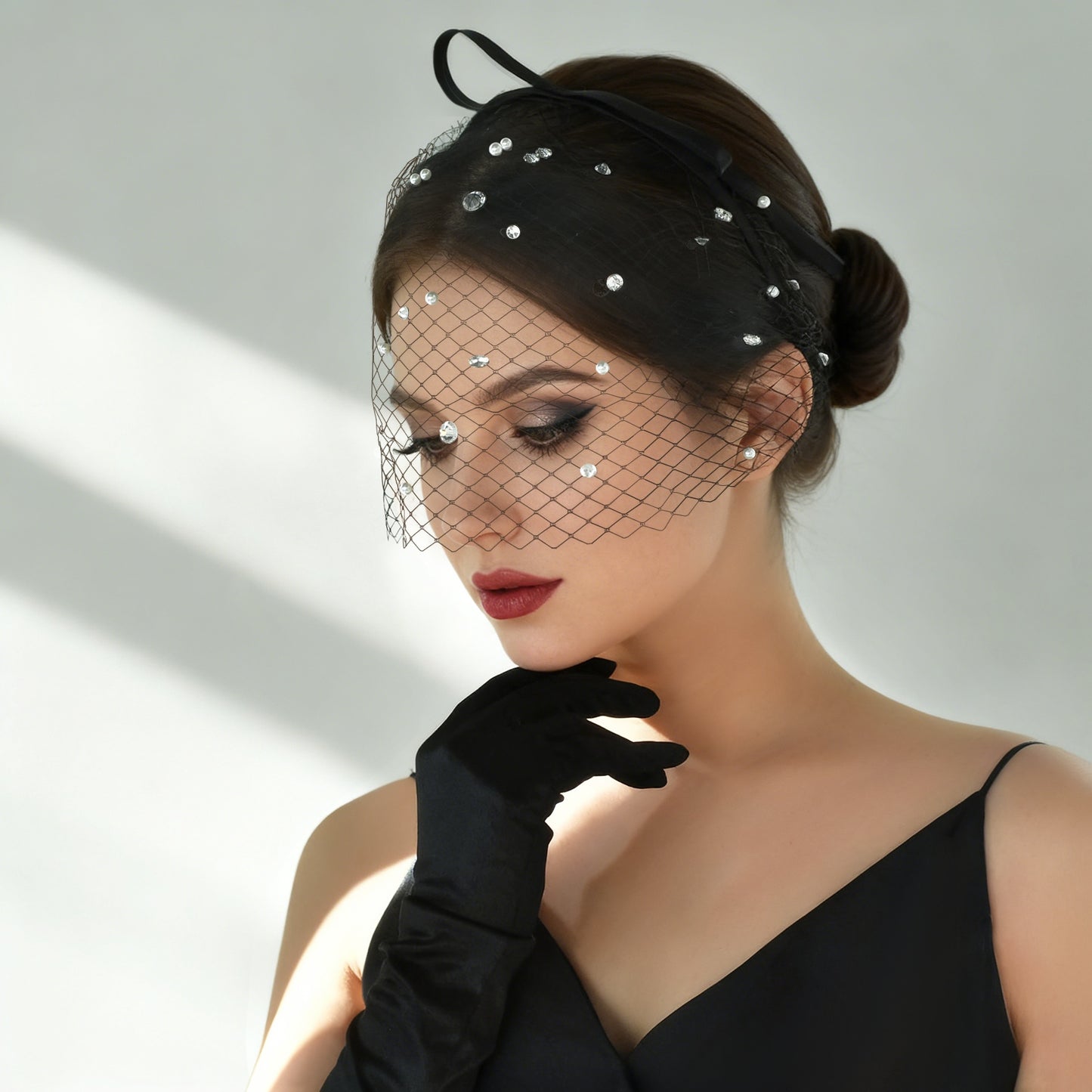 Black Pearl Bow Birdcage Bridal Blusher Veil Rhinestone Wedding Hair Veil - Bridella BMA12
