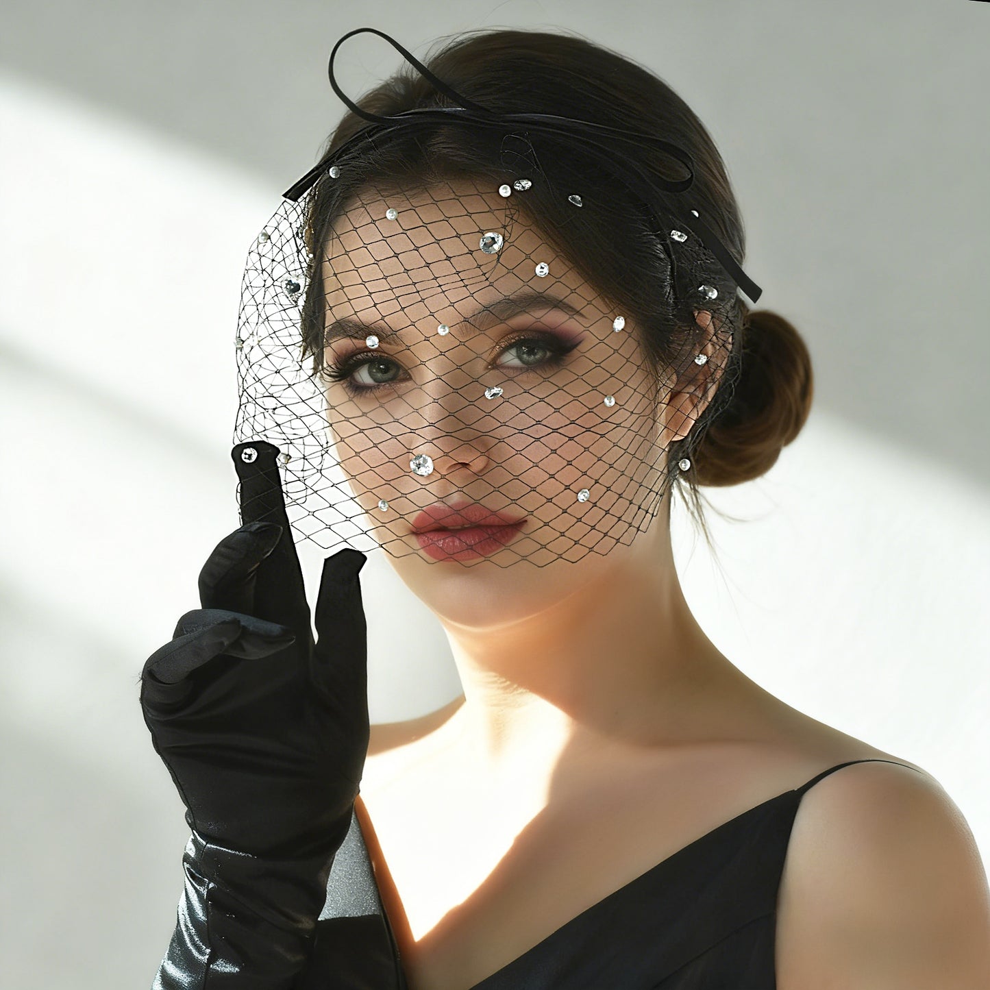 Black Pearl Bow Birdcage Bridal Blusher Veil Rhinestone Wedding Hair Veil - Bridella BMA12