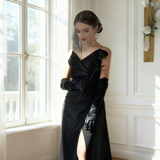 Black Crystal Beaded Bridal Blusher Veil Rhinestone Birdcage Wedding Veil - Bridella BMA10-B