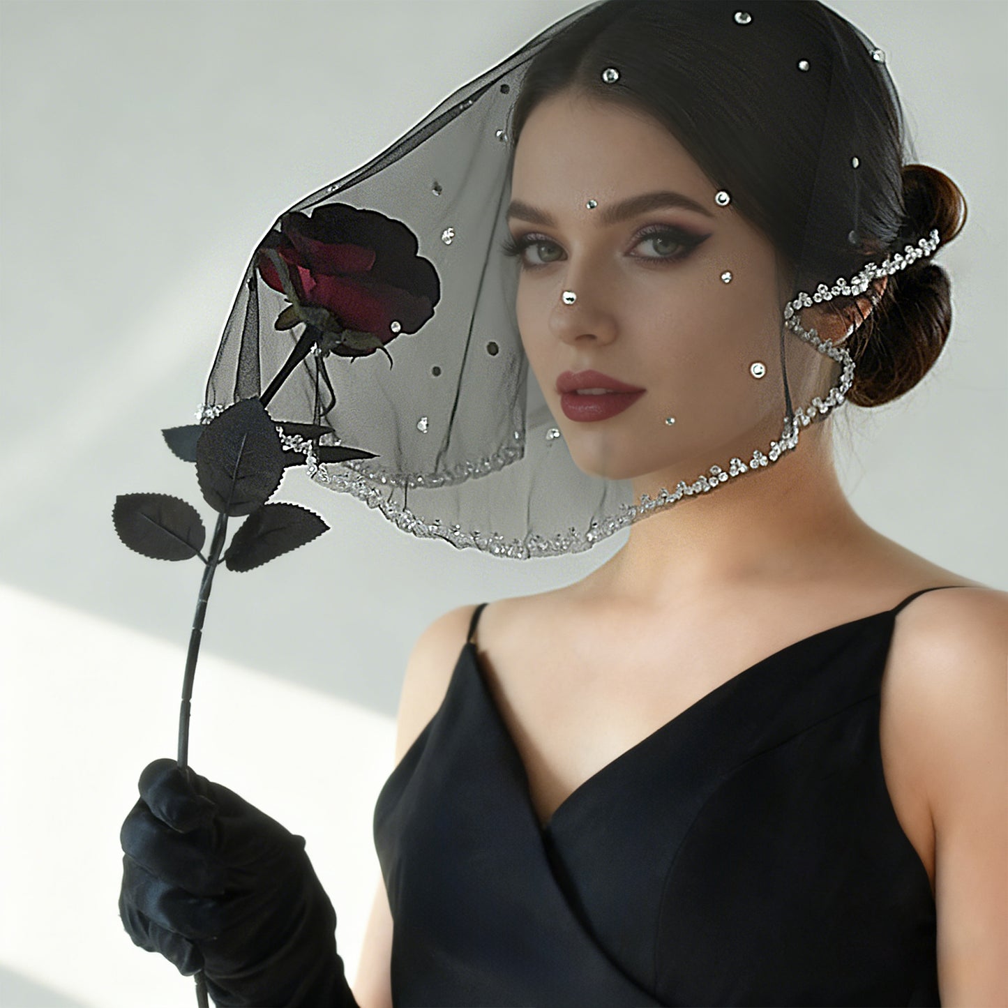 Black Crystal Beaded Bridal Blusher Veil Rhinestone Birdcage Wedding Veil - Bridella BMA10-B