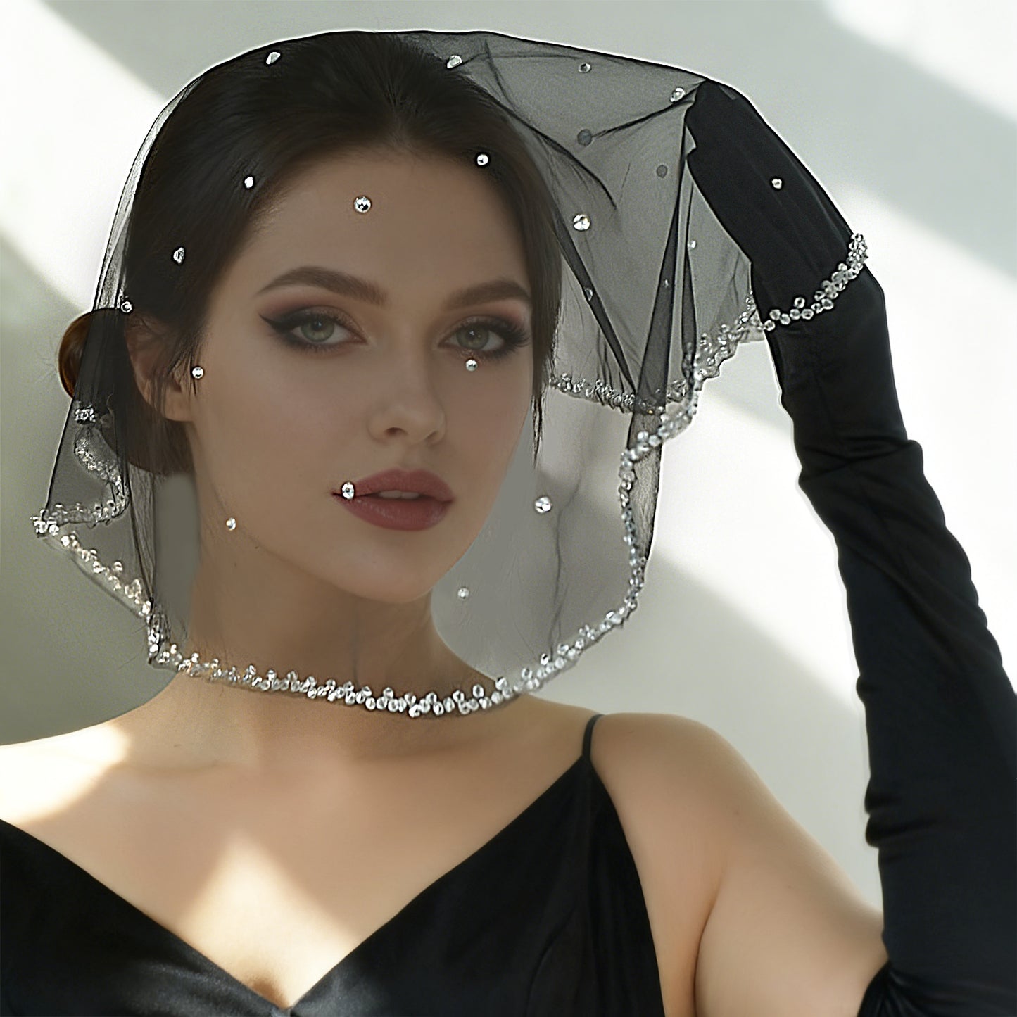 Black Crystal Beaded Bridal Blusher Veil Rhinestone Birdcage Wedding Veil - Bridella BMA10-B