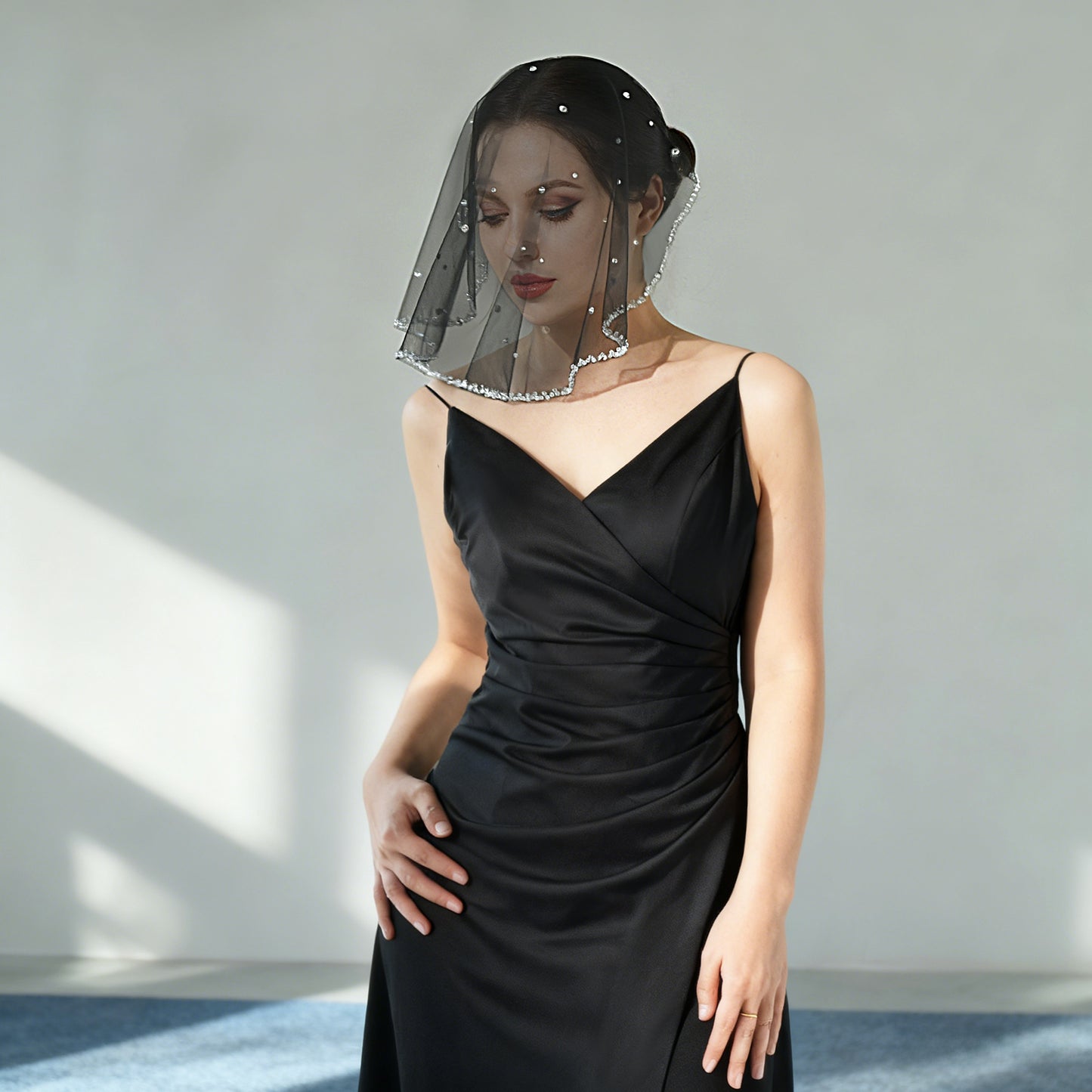 Black Crystal Beaded Bridal Blusher Veil Rhinestone Birdcage Wedding Veil - Bridella BMA10-B