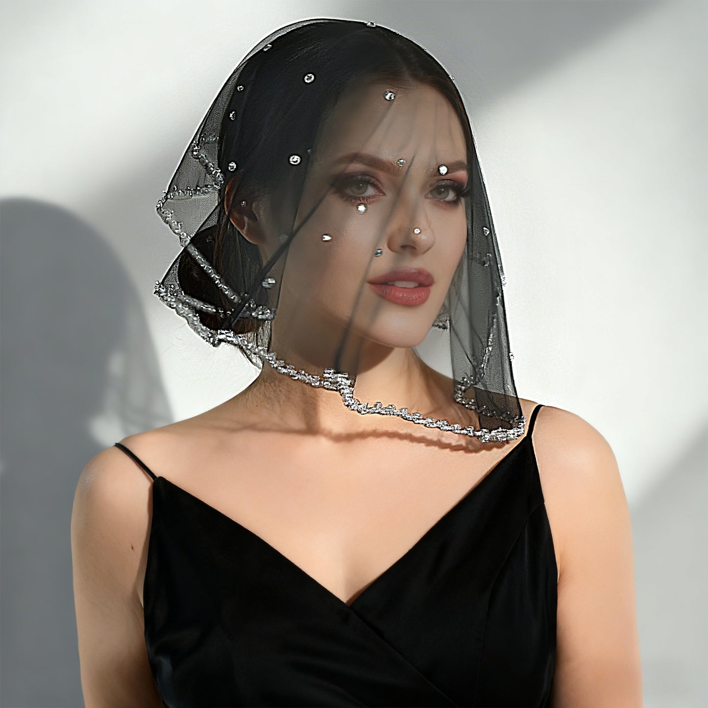 Black Crystal Beaded Bridal Blusher Veil Rhinestone Birdcage Wedding Veil - Bridella BMA10-B