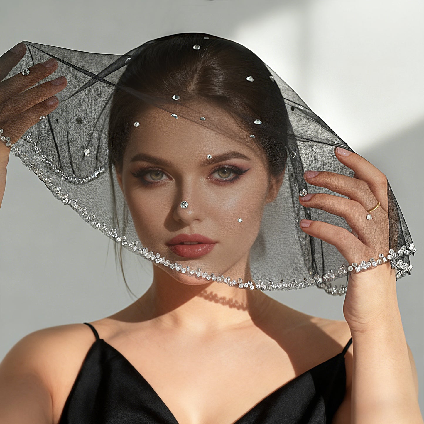 Black Crystal Beaded Bridal Blusher Veil Rhinestone Birdcage Wedding Veil - Bridella BMA10-B