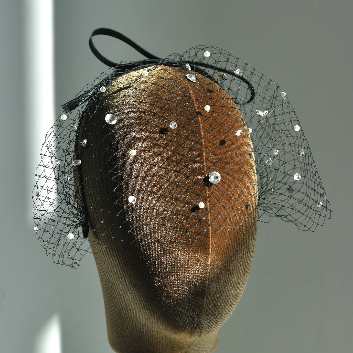 Black Pearl Bow Birdcage Bridal Blusher Veil Rhinestone Wedding Hair Veil - Bridella BMA12
