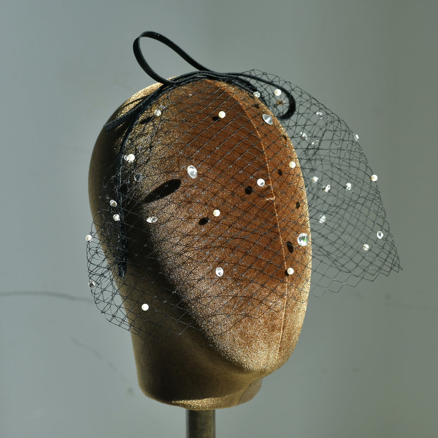 Black Pearl Bow Birdcage Bridal Blusher Veil Rhinestone Wedding Hair Veil - Bridella BMA12