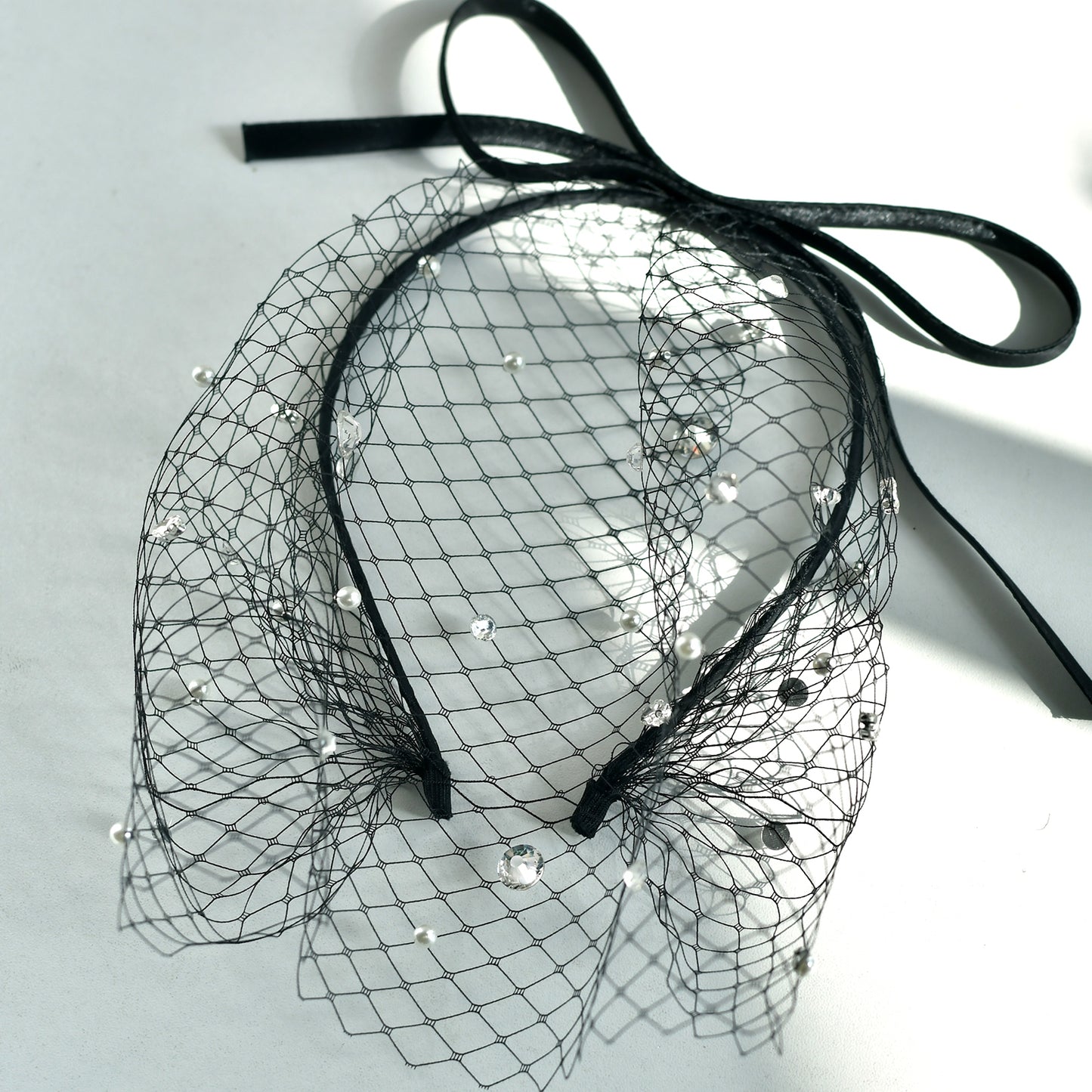 Black Pearl Bow Birdcage Bridal Blusher Veil Rhinestone Wedding Hair Veil - Bridella BMA12