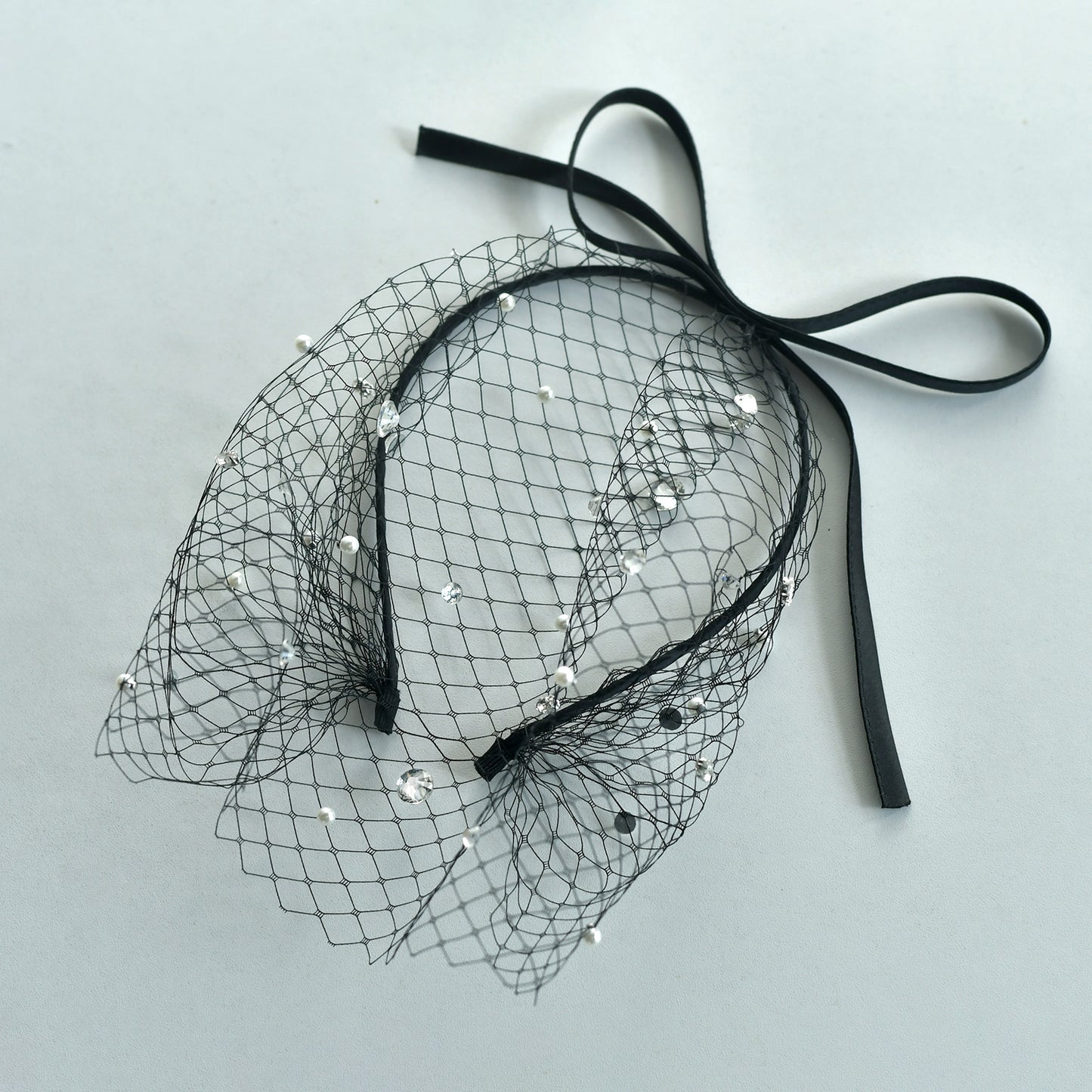 Black Pearl Bow Birdcage Bridal Blusher Veil Rhinestone Wedding Hair Veil - Bridella BMA12
