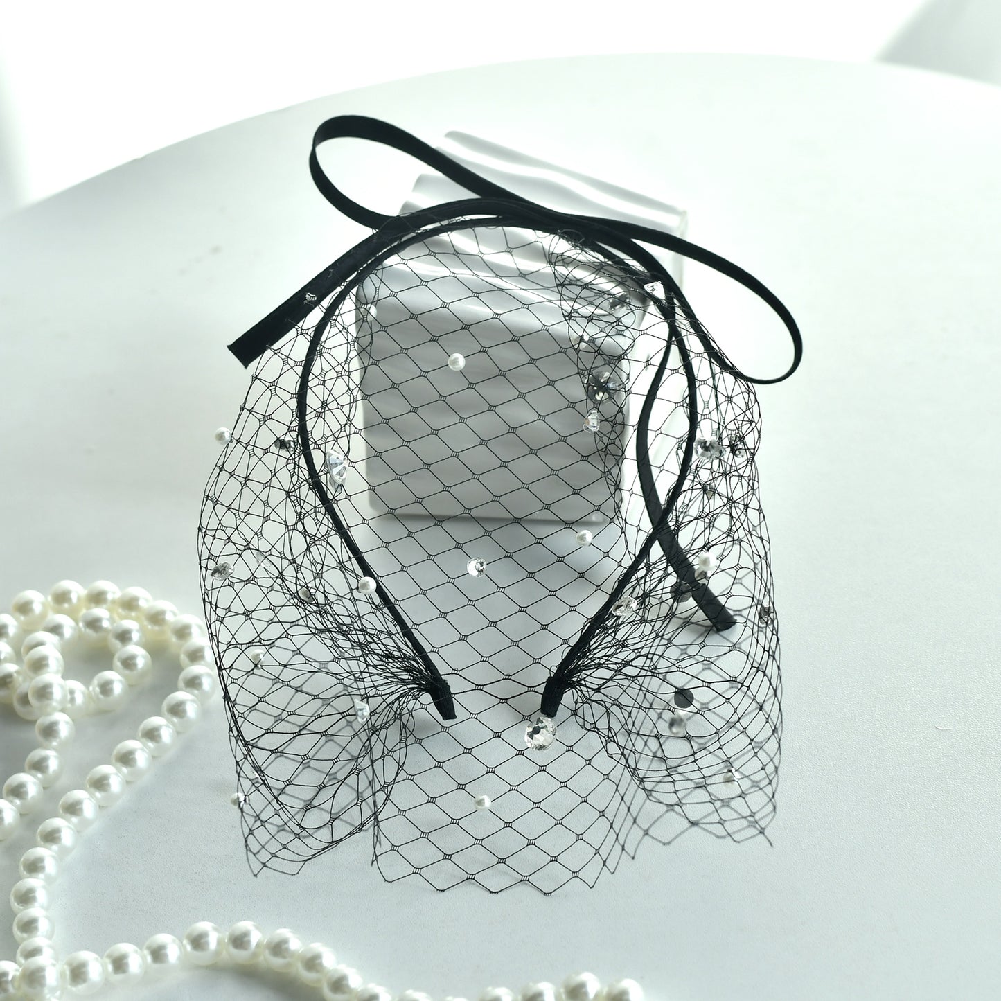 Black Pearl Bow Birdcage Bridal Blusher Veil Rhinestone Wedding Hair Veil - Bridella BMA12
