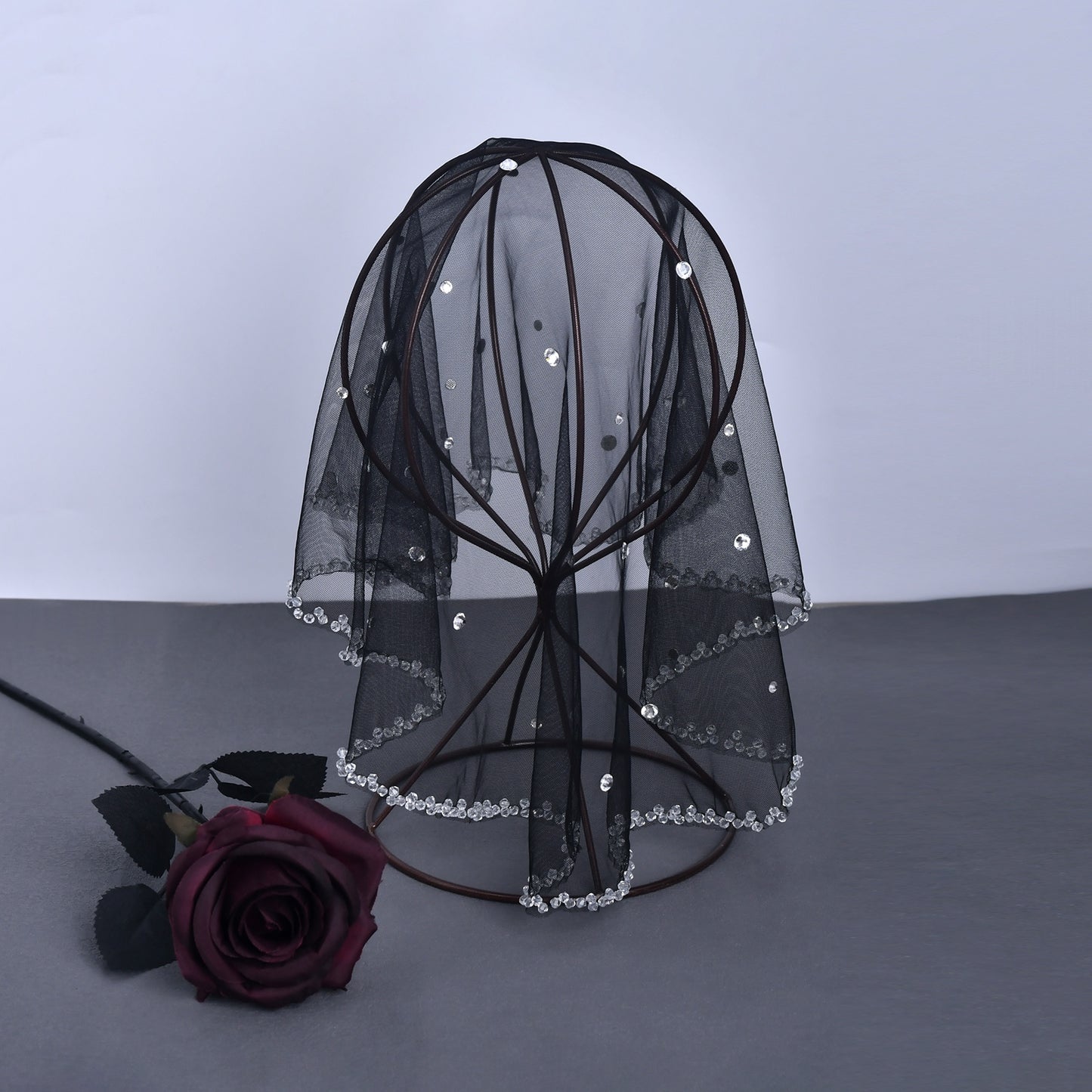 Black Crystal Beaded Bridal Blusher Veil Rhinestone Birdcage Wedding Veil - Bridella BMA10-B