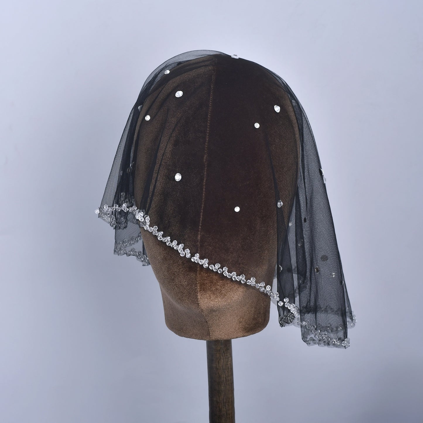Black Crystal Beaded Bridal Blusher Veil Rhinestone Birdcage Wedding Veil - Bridella BMA10-B