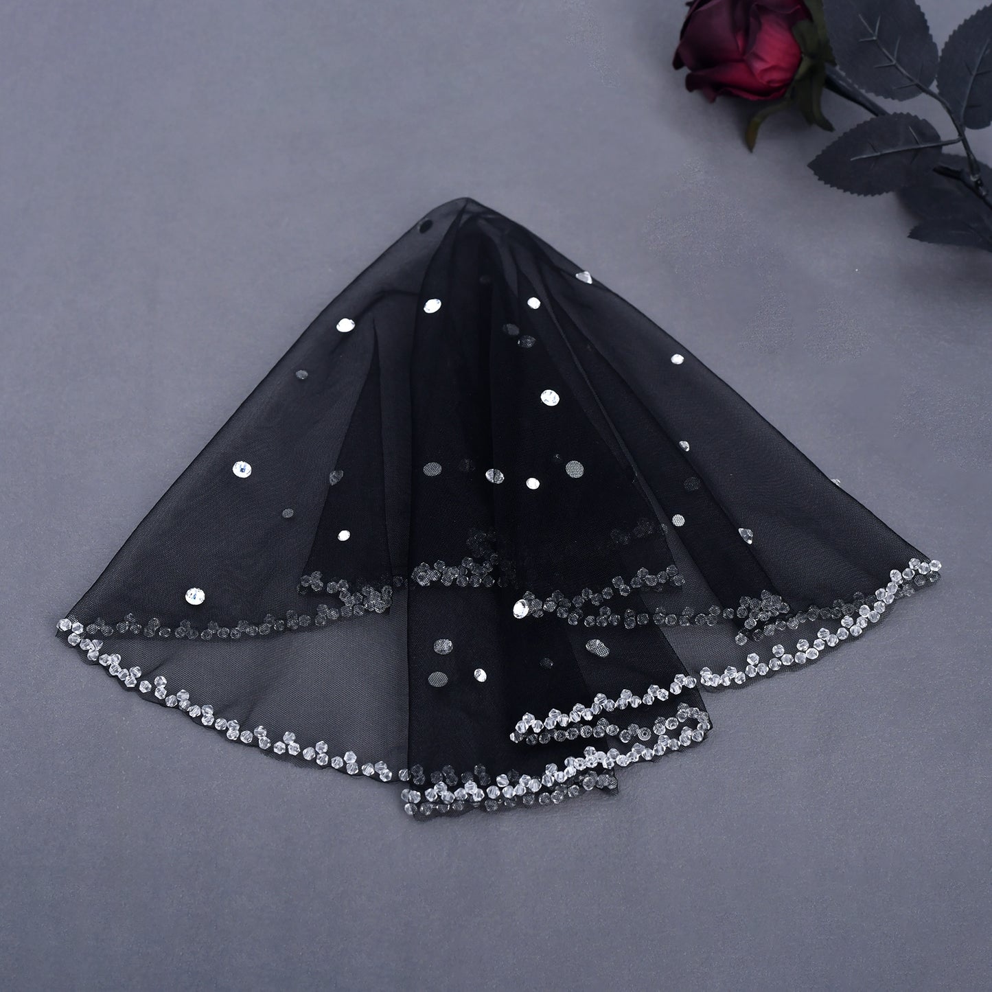 Black Crystal Beaded Bridal Blusher Veil Rhinestone Birdcage Wedding Veil - Bridella BMA10-B