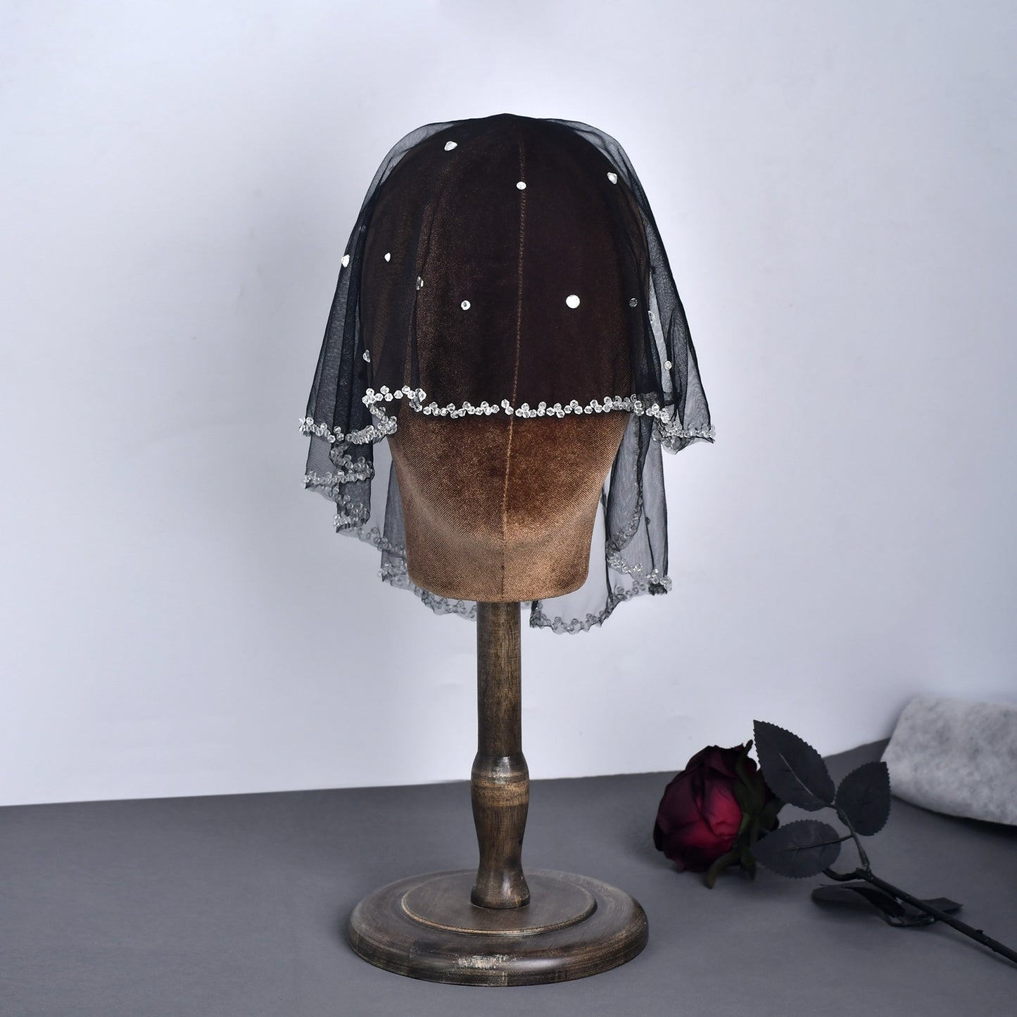 Black Crystal Beaded Bridal Blusher Veil Rhinestone Birdcage Wedding Veil - Bridella BMA10-B