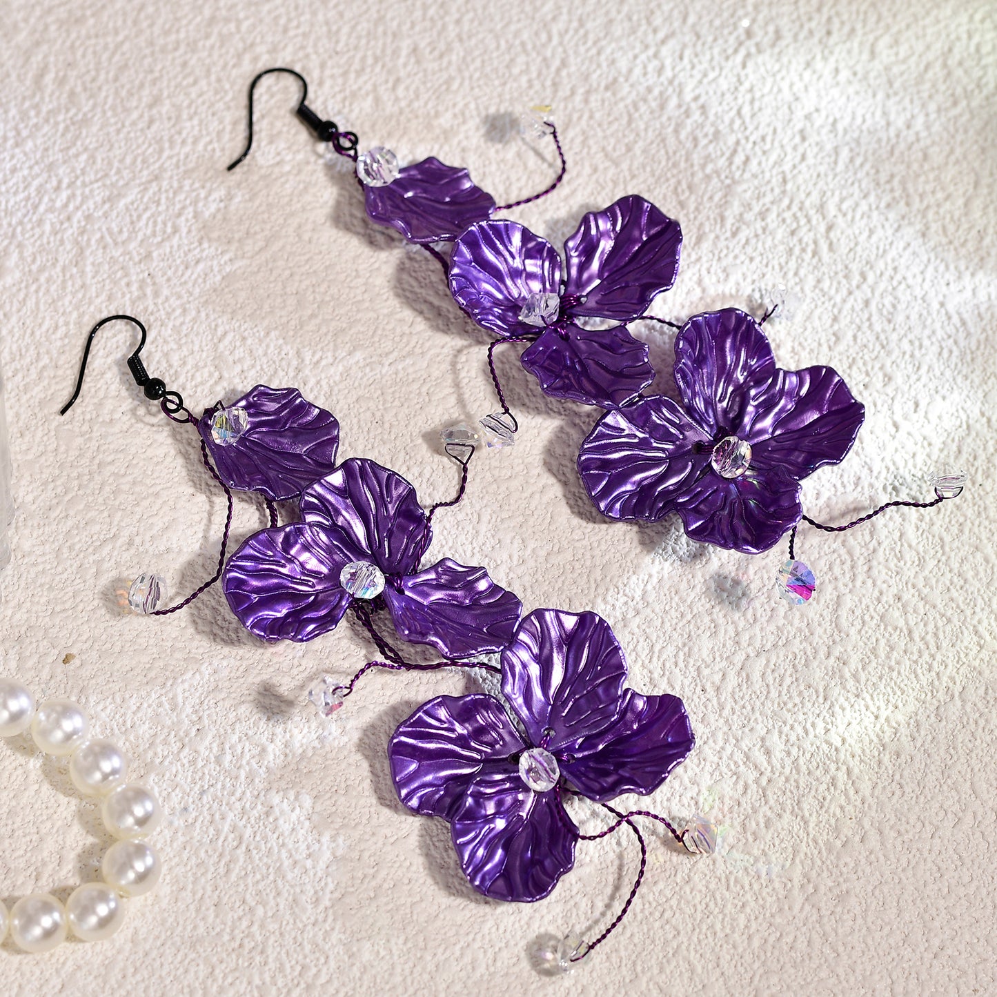 Purple Flower Crystal Drop Earrings Fairy Style Jewelry - Bridella BYXB11