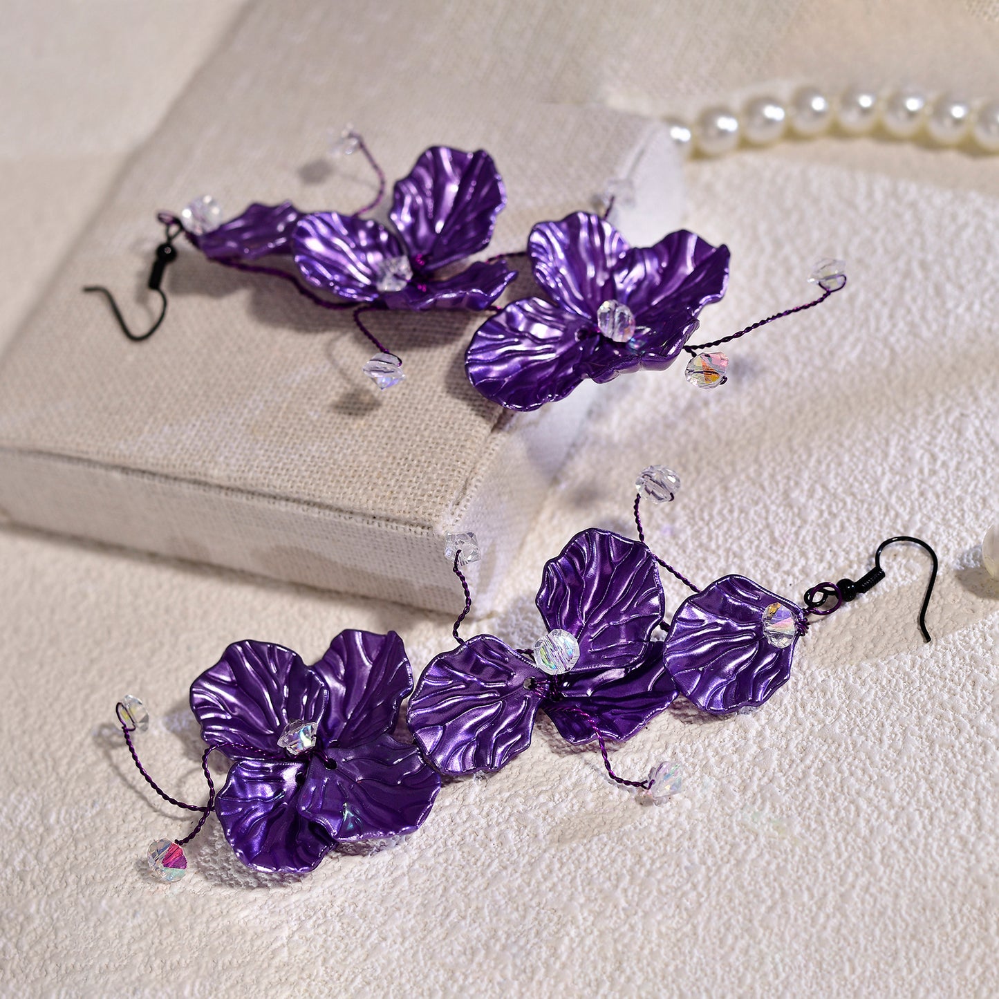 Purple Flower Crystal Drop Earrings Fairy Style Jewelry - Bridella BYXB11