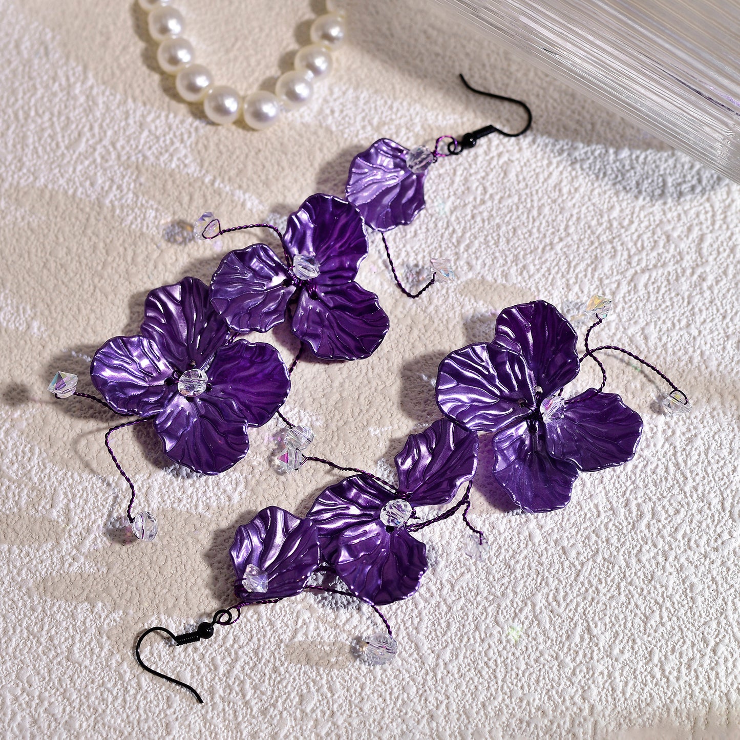 Purple Flower Crystal Drop Earrings Fairy Style Jewelry - Bridella BYXB11