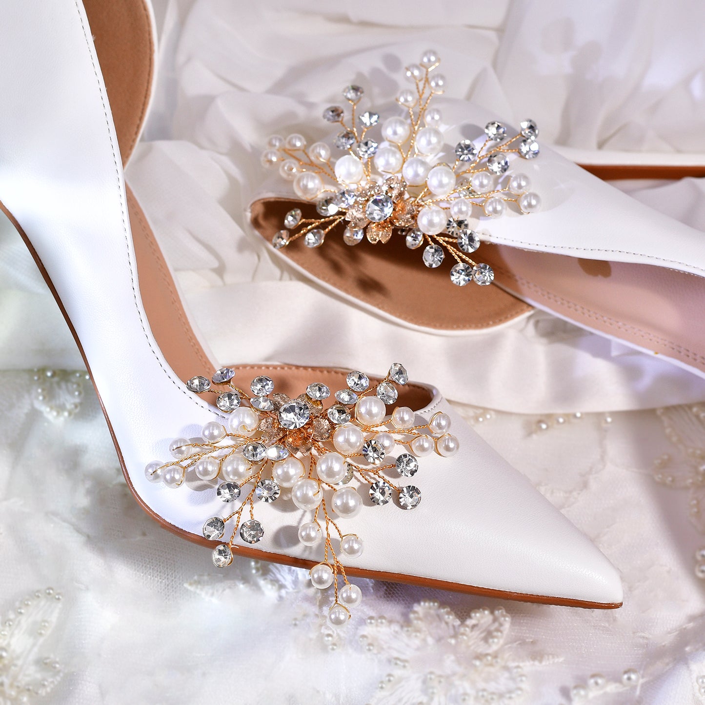 Pearl Gold Bridal Shoe Clips Wedding Heel Decoration - Bridella BHX61