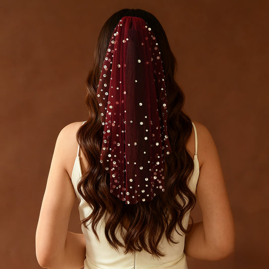 Burgundy Rhinestone Bridal Blusher Veil Mini Wedding Veil With Comb - Bridella BMA07-R