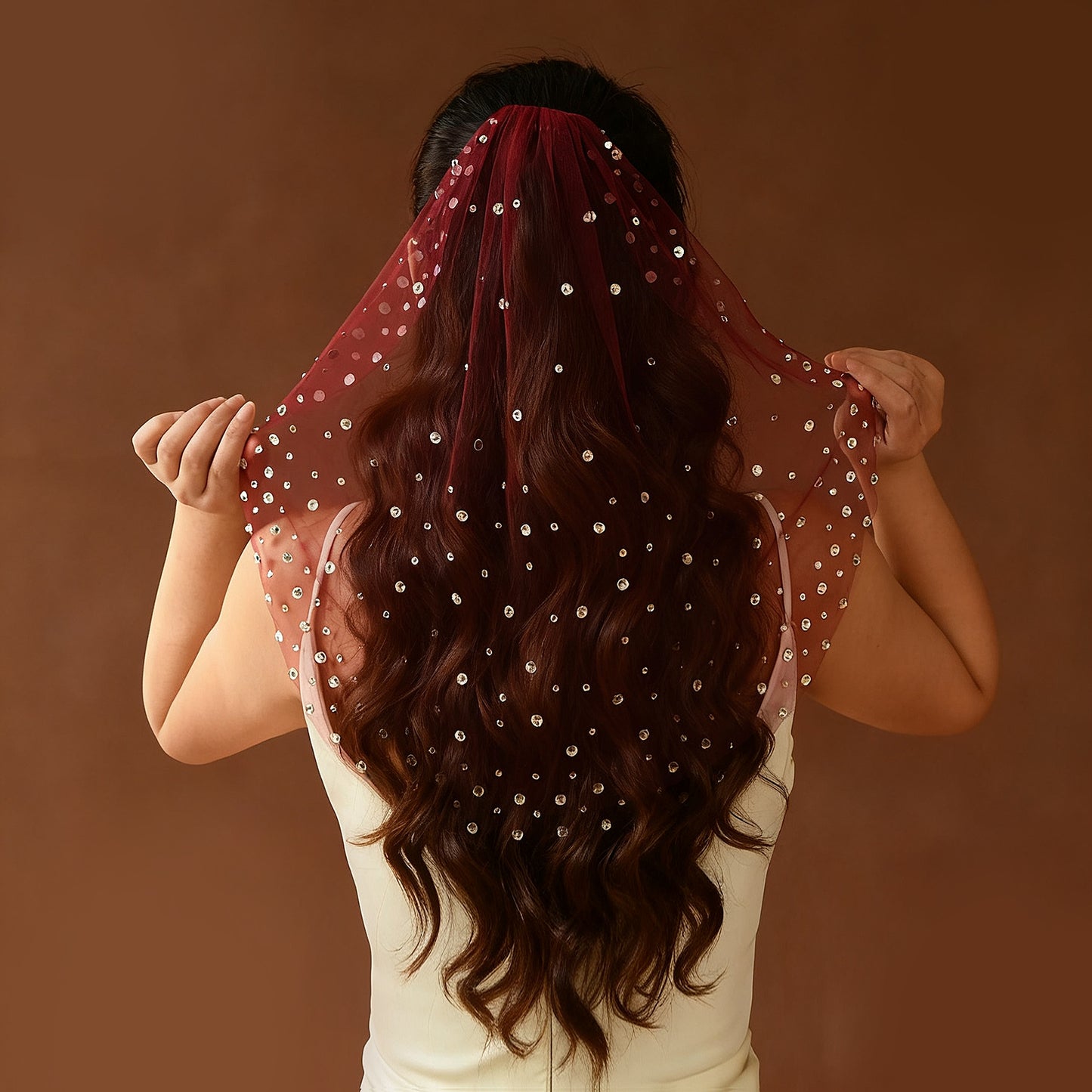Burgundy Rhinestone Bridal Blusher Veil Mini Wedding Veil With Comb - Bridella BMA07-R