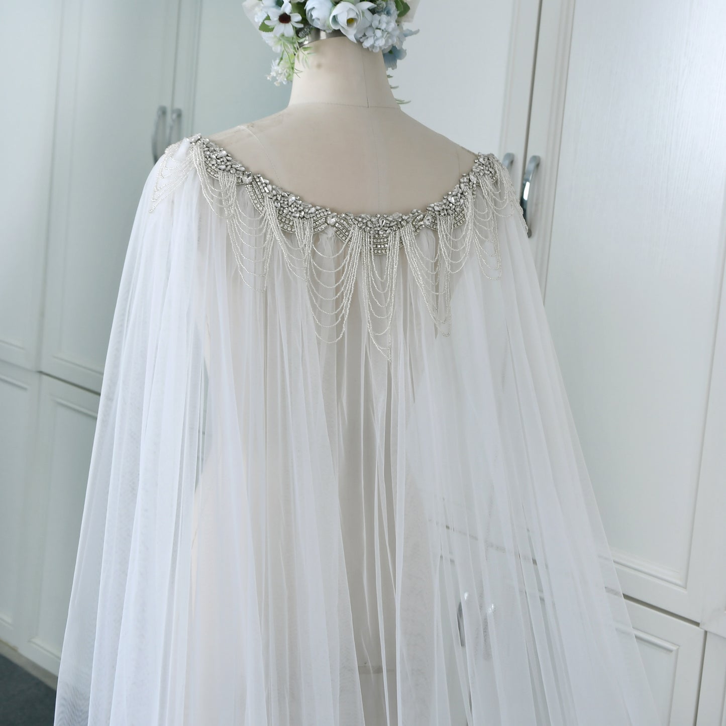 Luxury Crystal Beaded Extra Long Bridal Cape Veil - Bridella BVG47