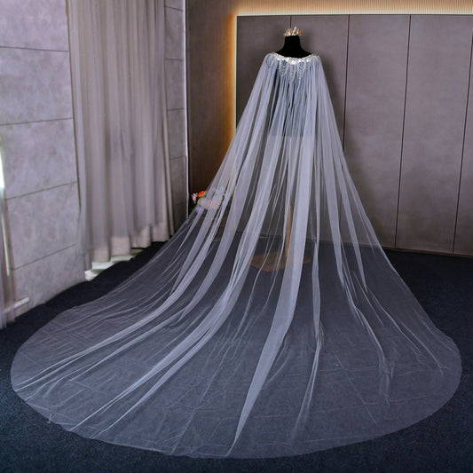 Luxury Crystal Beaded Extra Long Bridal Cape Veil - Bridella BVG47