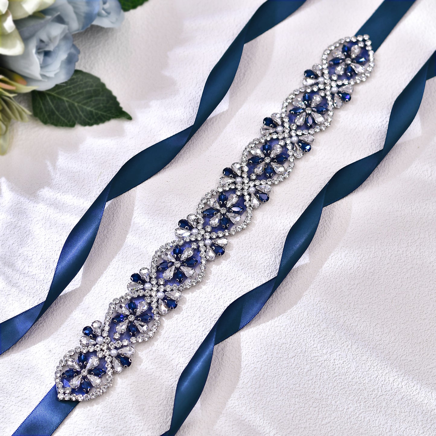 Navy Rhinestone Bridal Dress Belt for Wedding - Bridella BS453ML