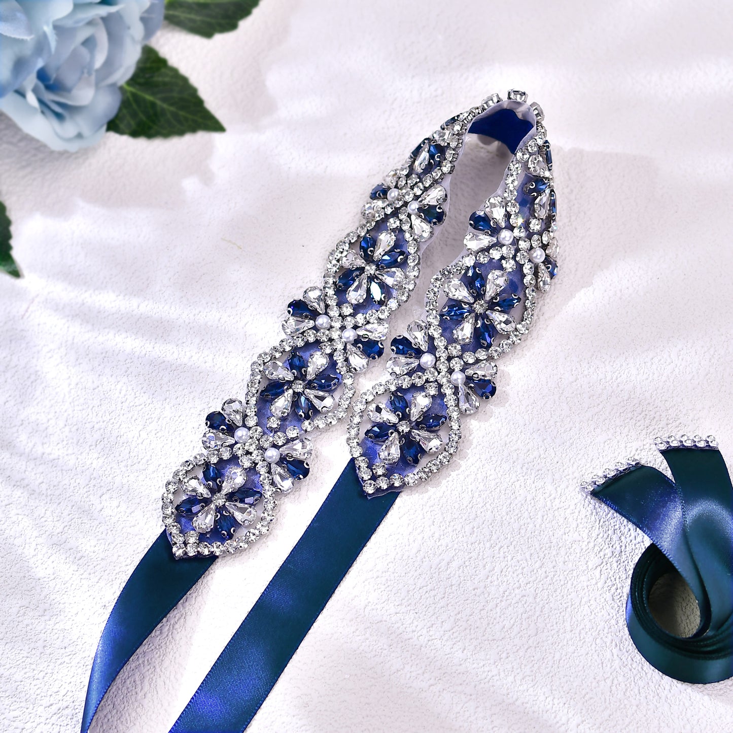 Navy Rhinestone Bridal Dress Belt for Wedding - Bridella BS453ML