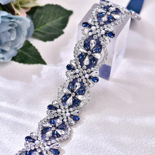 Navy Rhinestone Bridal Dress Belt for Wedding - Bridella BS453ML