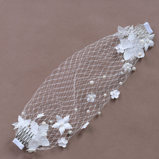 3D Flower Pearl Birdcage Bridal Veil With Comb - Bridella BVA22