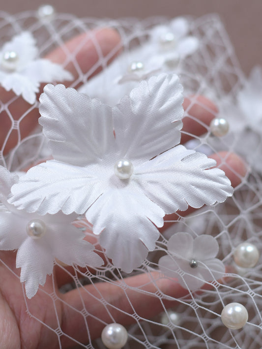 3D Flower Pearl Birdcage Bridal Veil With Comb - Bridella BVA22